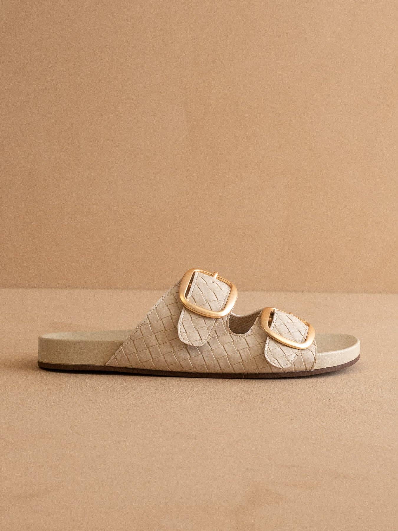 The Desiree | Beige Woven Slide with Oversized Gold Buckles - The Girl on Ivy