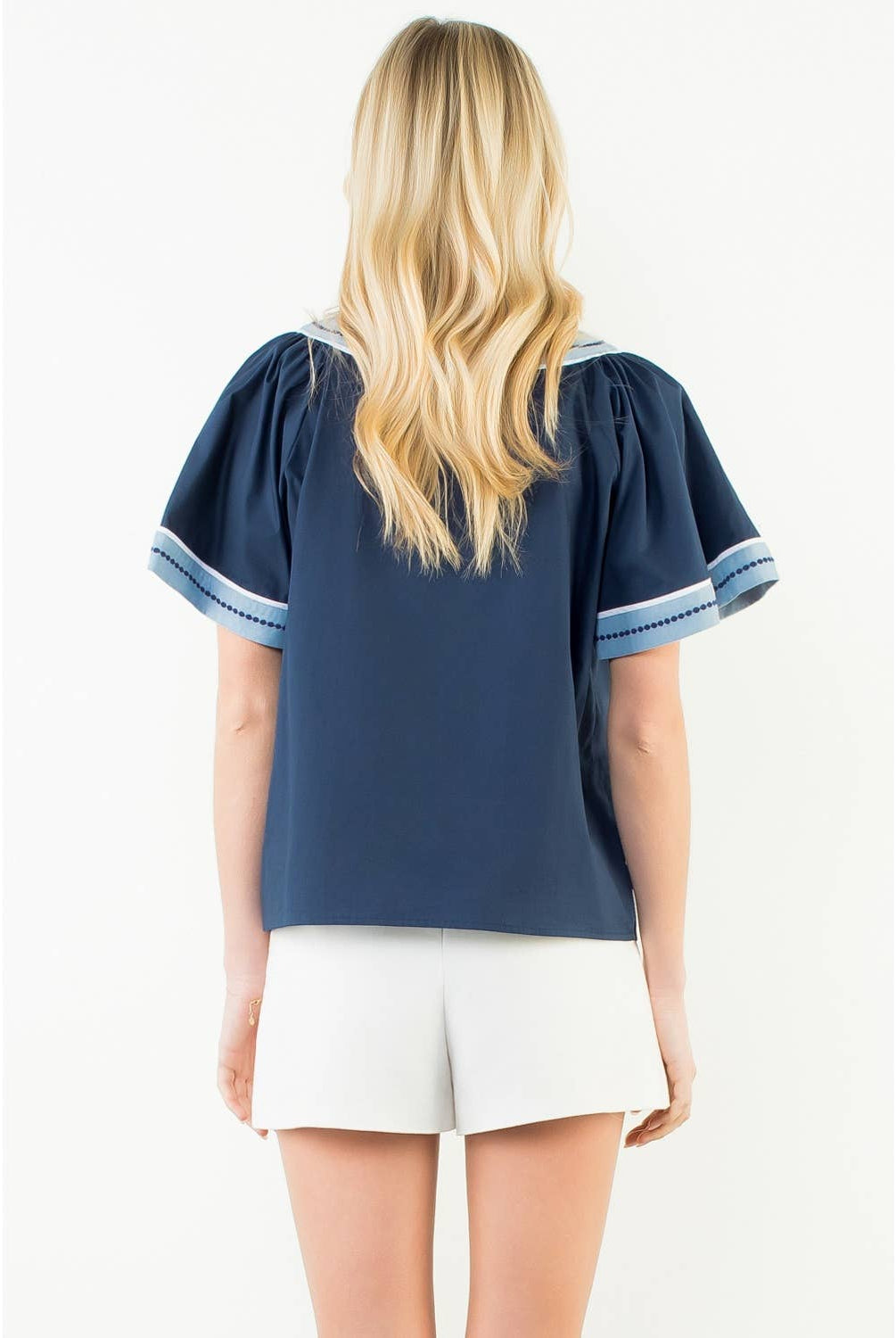 Wide Sleeve Contrast Trim V-Neck Top - The Girl on Ivy