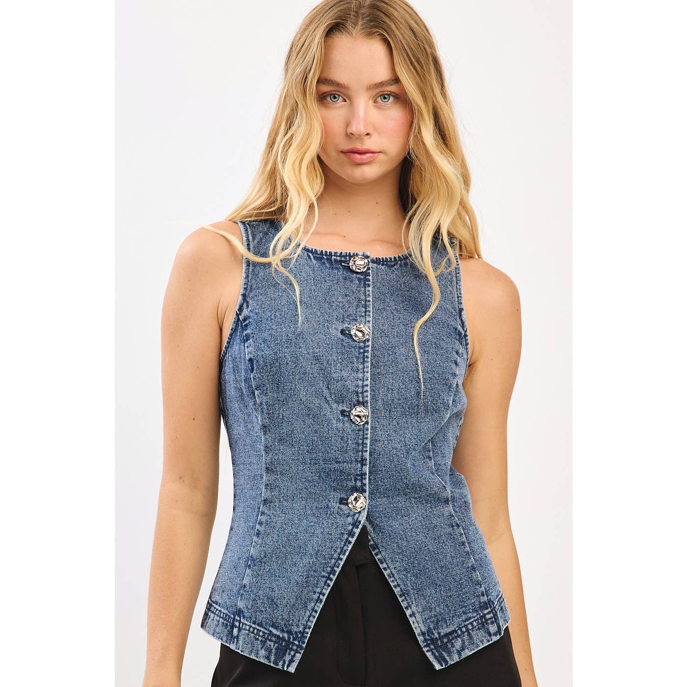 BOAT NECK FITTED SLEEVELESS DENIM VEST (2 color options) - The Girl on Ivy