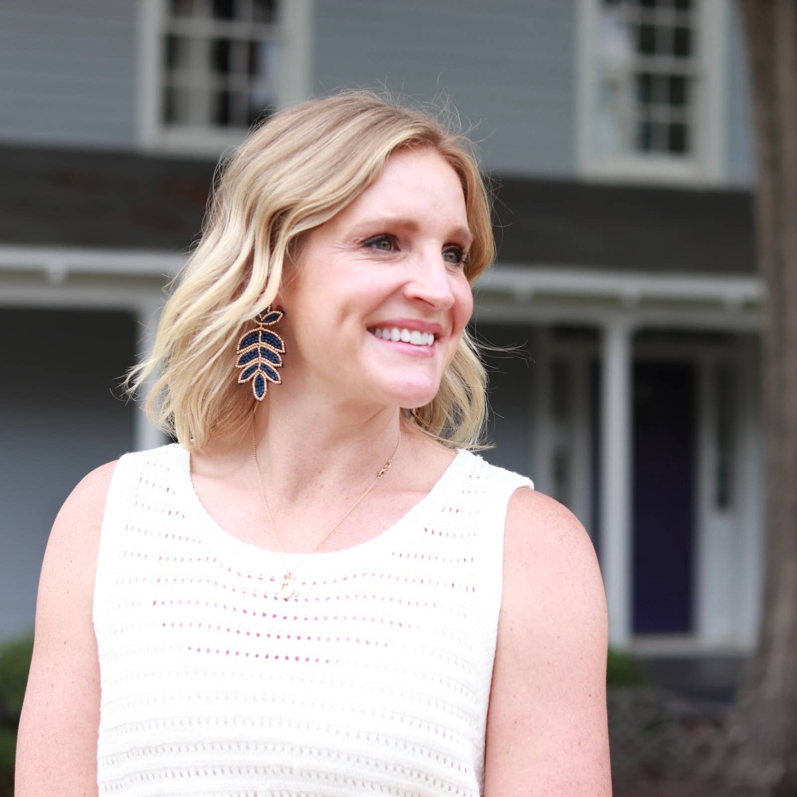 Custom Navy Beaded Fleur De Lis Earring| Leaf Drop - The Girl on Ivy