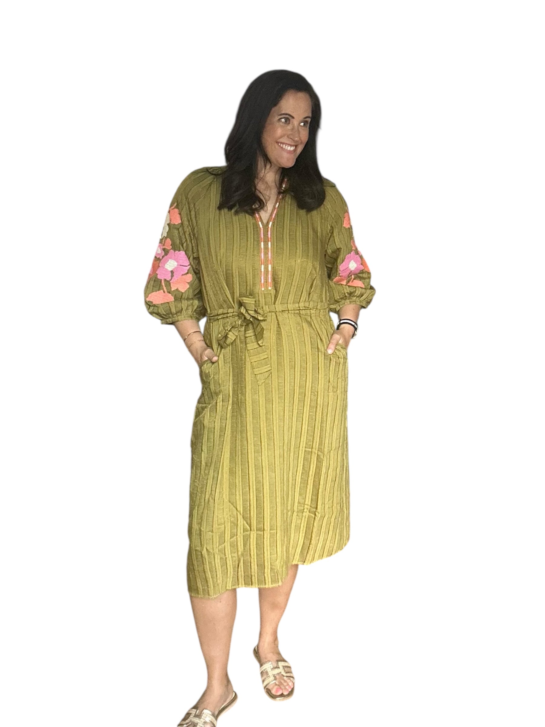 Autumn THML Embroidered Puff Sleeve Stripe Dress - The Girl on Ivy