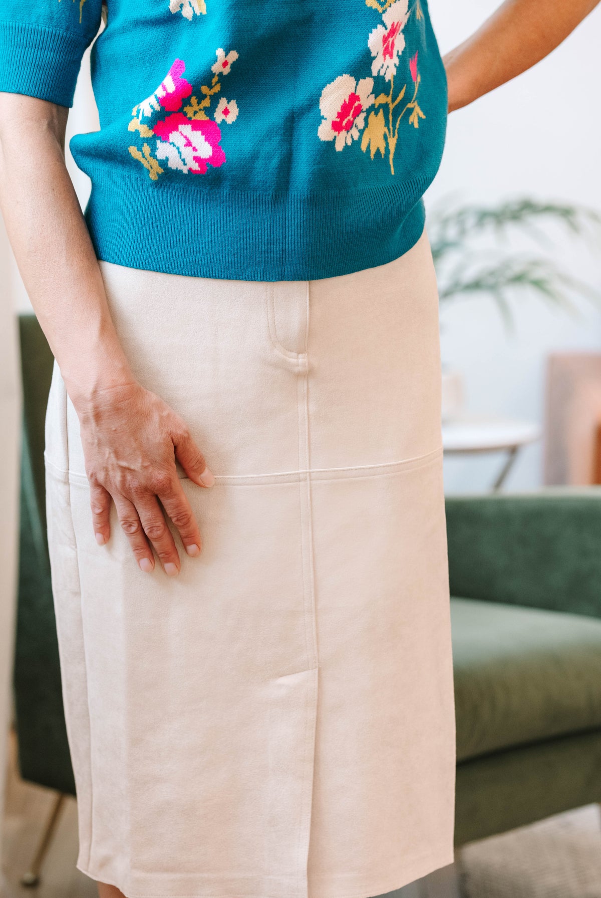 THML Cream Midi Suede Skirt