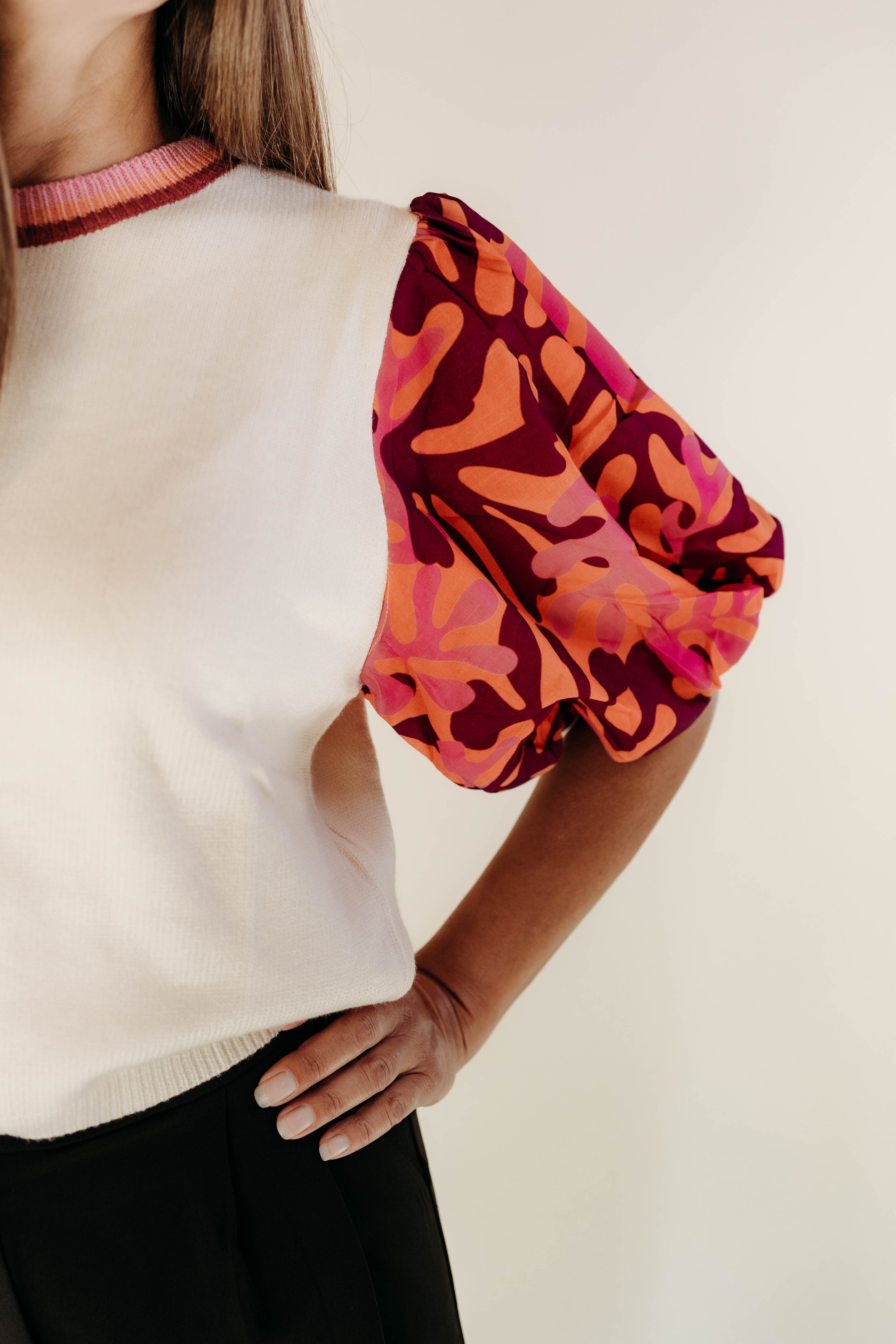 Patrice THML Print Puff Sleeve Mixed Media Knit Top - The Girl on Ivy