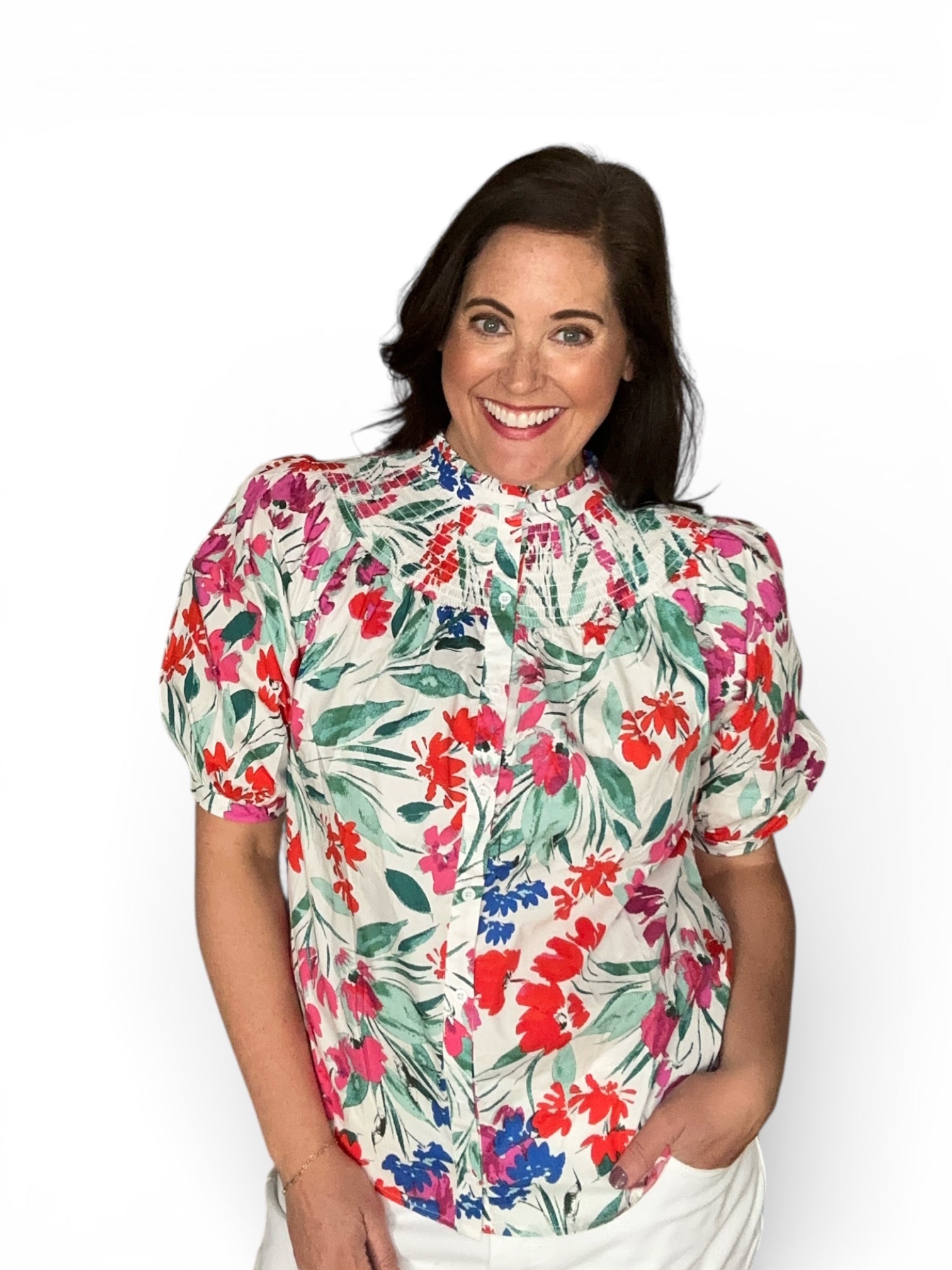 Kivia Blossom Smocked Mock Neck Top - The Girl on Ivy