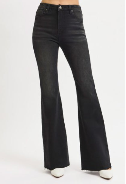 Black High Rise Flare Raw Cut Hem Jeans - The Girl on Ivy
