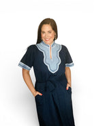 Navy Short Sleeve light blue Trimmed V-Neck Belted Dress