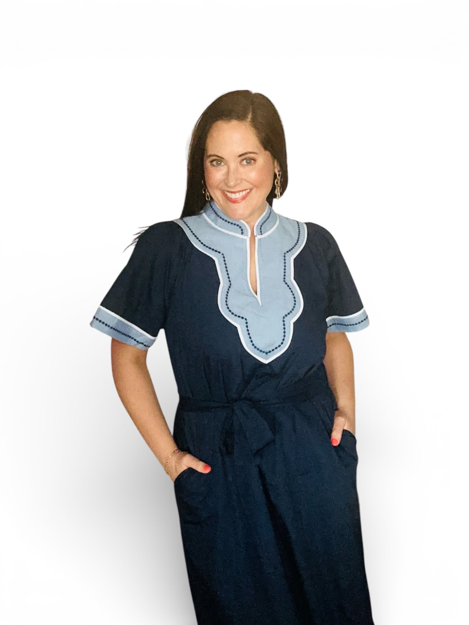 Navy Short Sleeve light blue Trimmed V-Neck Belted Dress