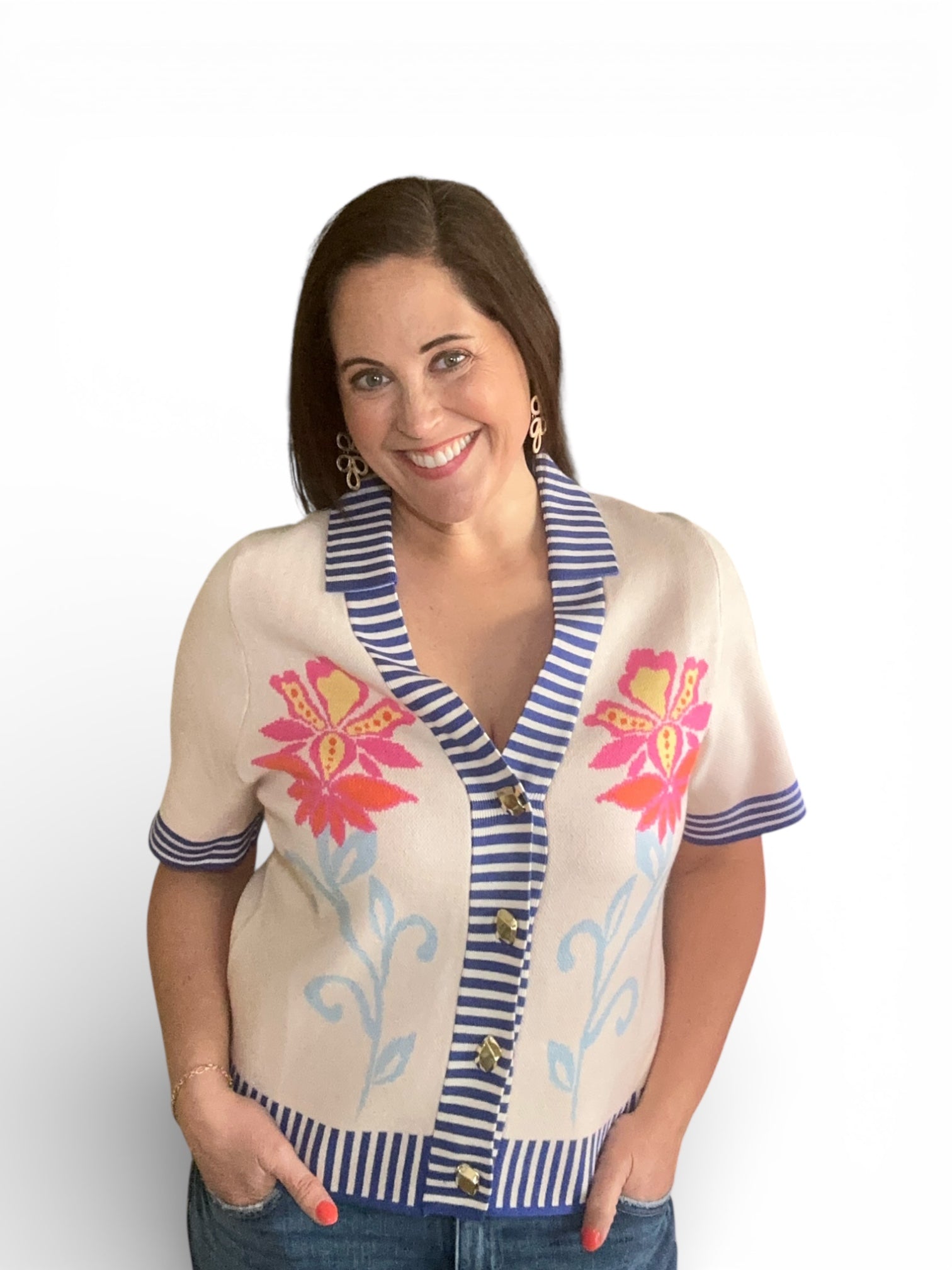 Knitted Floral Stripe Trim Button Top - The Girl on Ivy