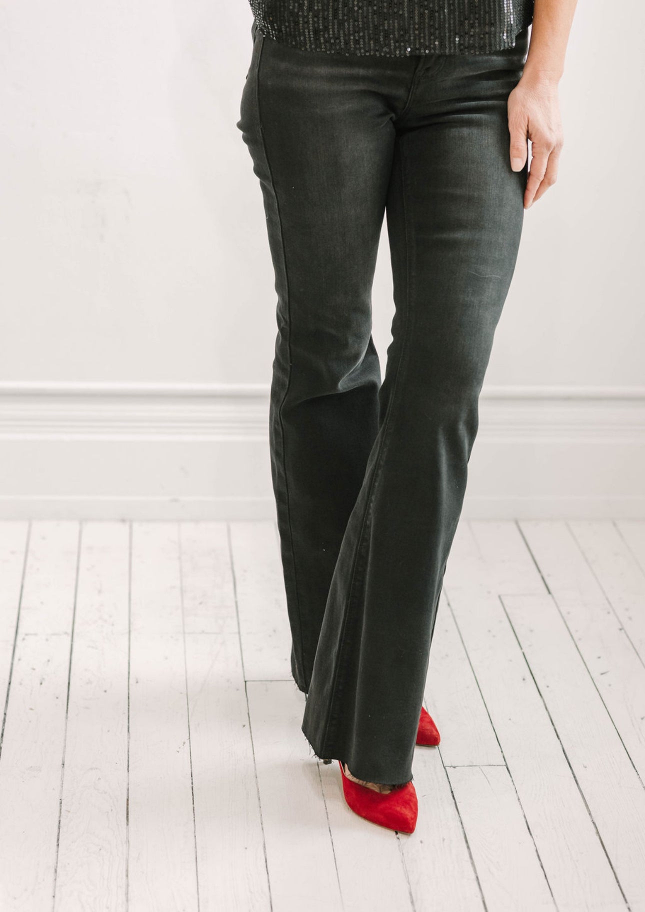 Black High Rise Flare Raw Cut Hem Jeans - The Girl on Ivy