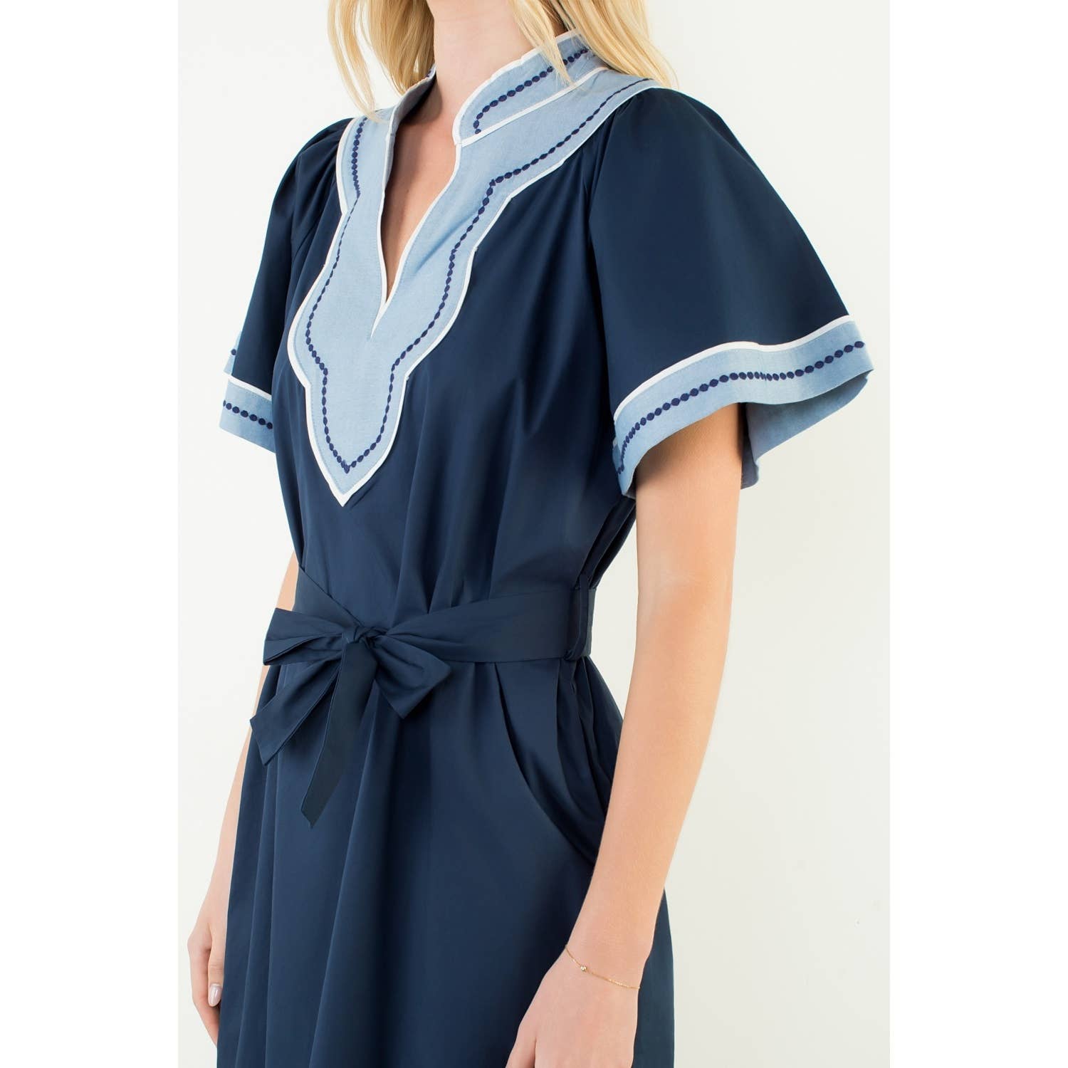 Short Sleeve Trimmed V-Neck Belted Dress - The Girl on Ivy
