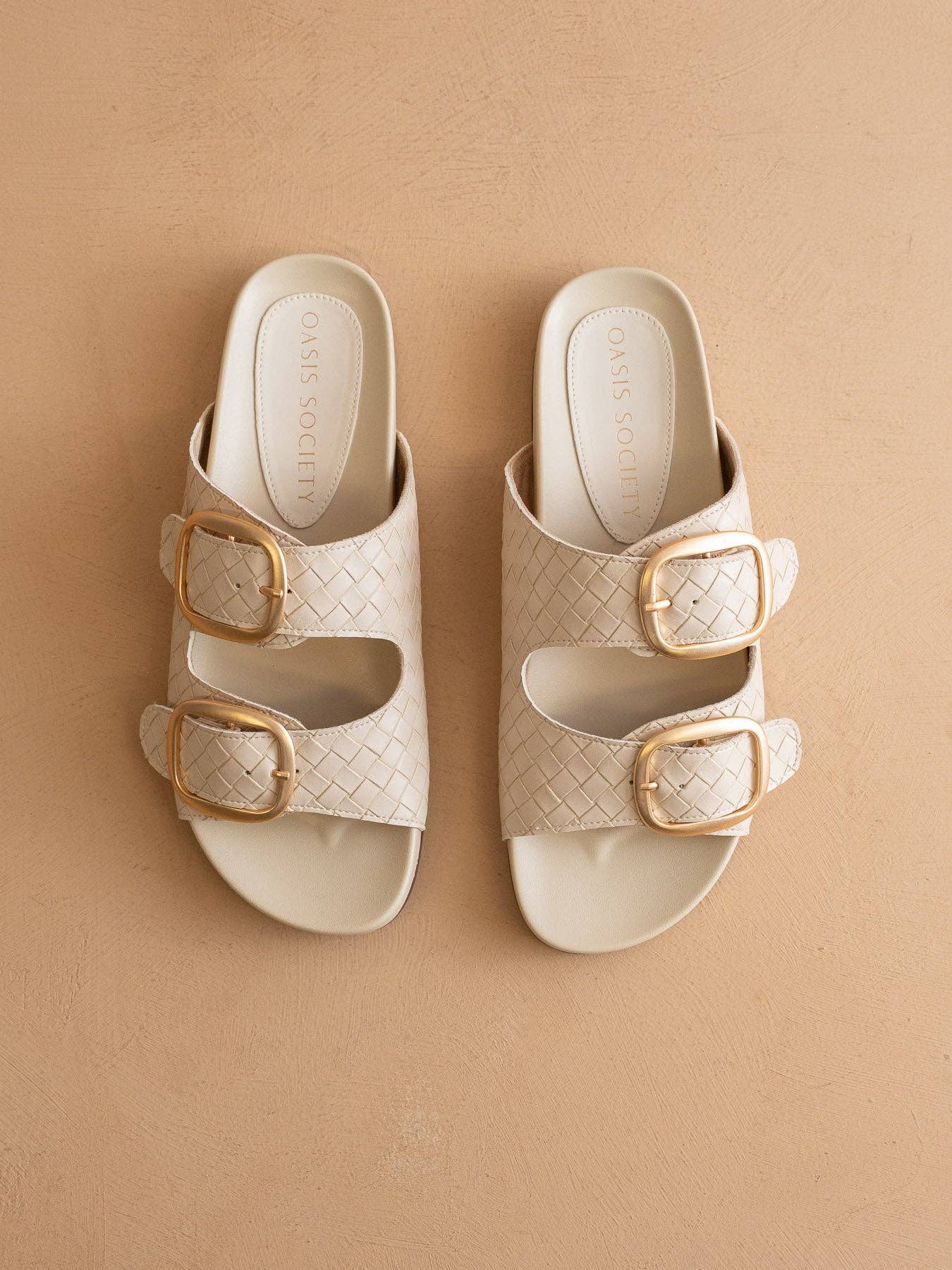 The Desiree | Beige Woven Slide with Oversized Gold Buckles - The Girl on Ivy