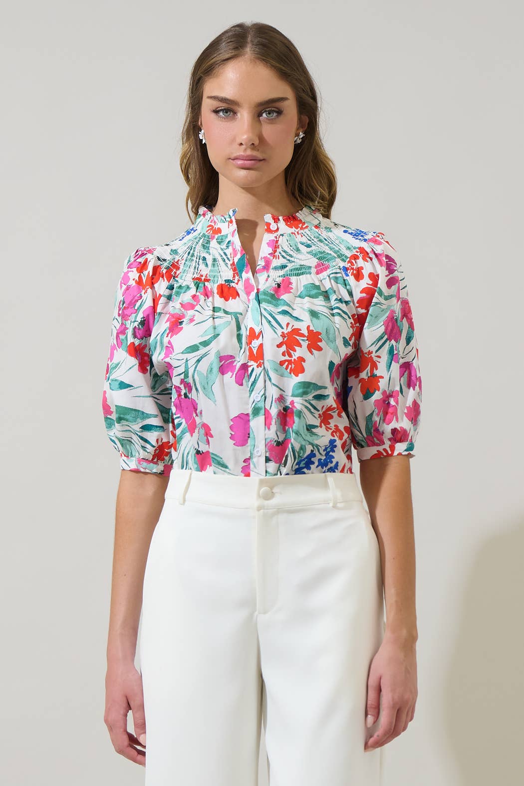 Kivia Blossom Smocked Mock Neck Top - The Girl on Ivy