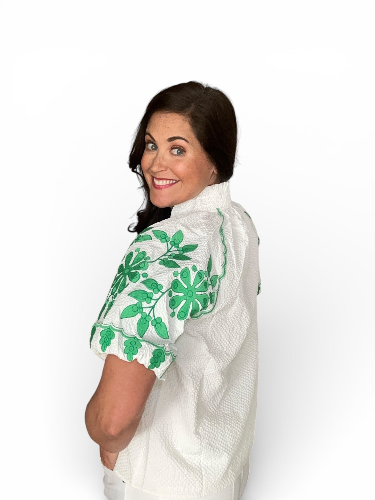 Eliana THML Embroidered Smocked Neck Puff Top - The Girl on Ivy