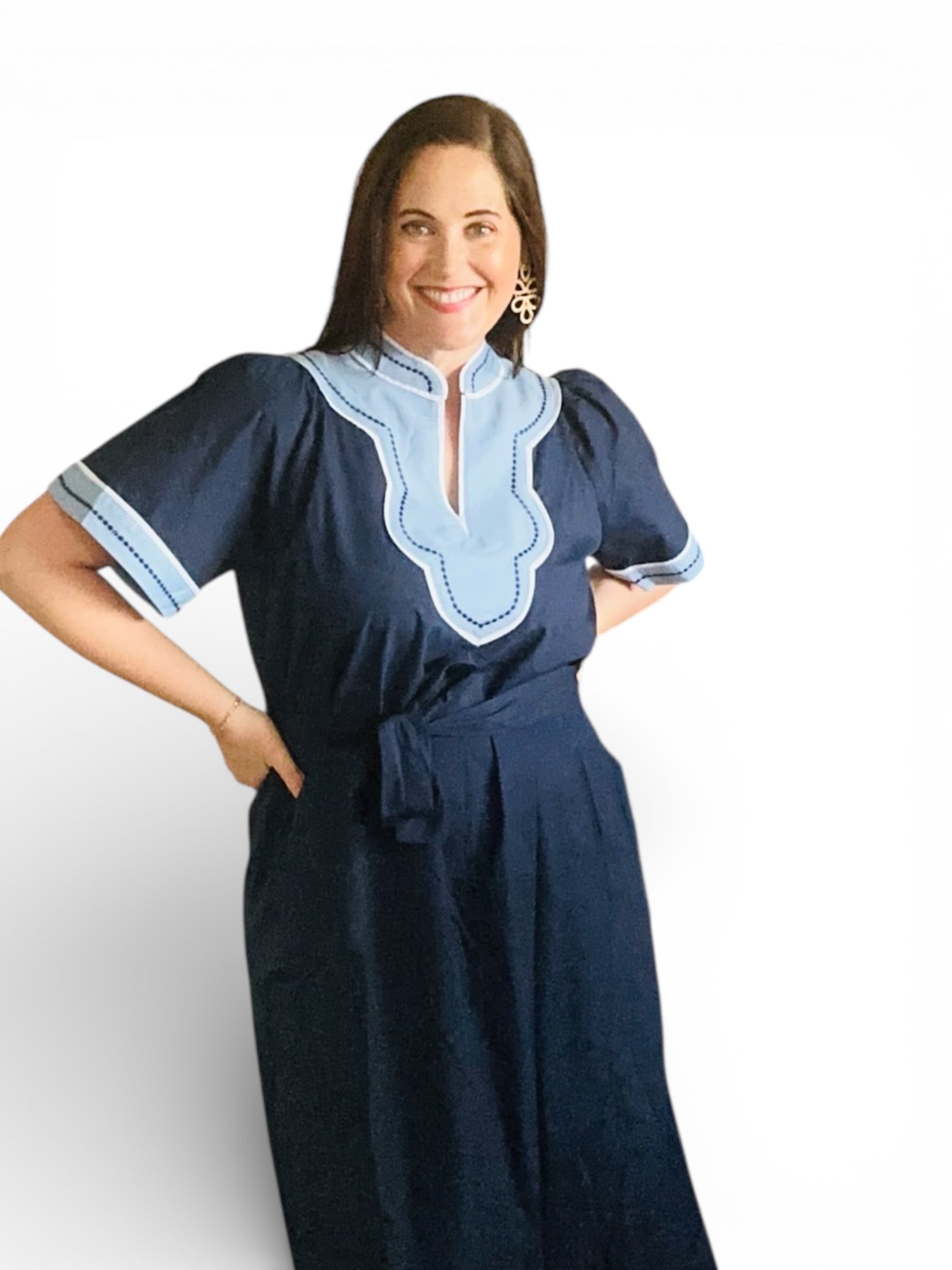 Caroline Short Sleeve Trimmed V-Neck Belted Dress (Navy) - The Girl on Ivy