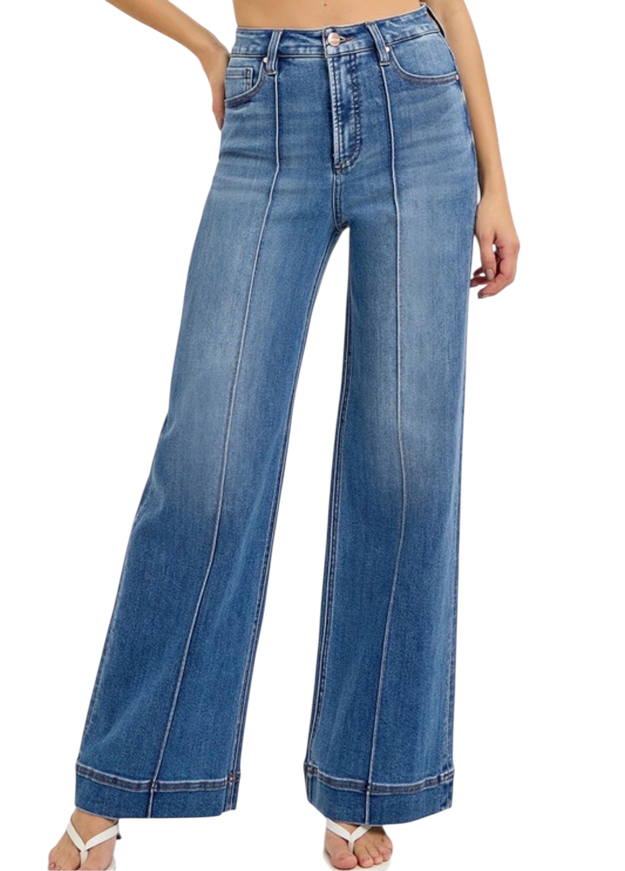 Tummy Control High Rise Wide Front Pintuck Jeans - The Girl on Ivy