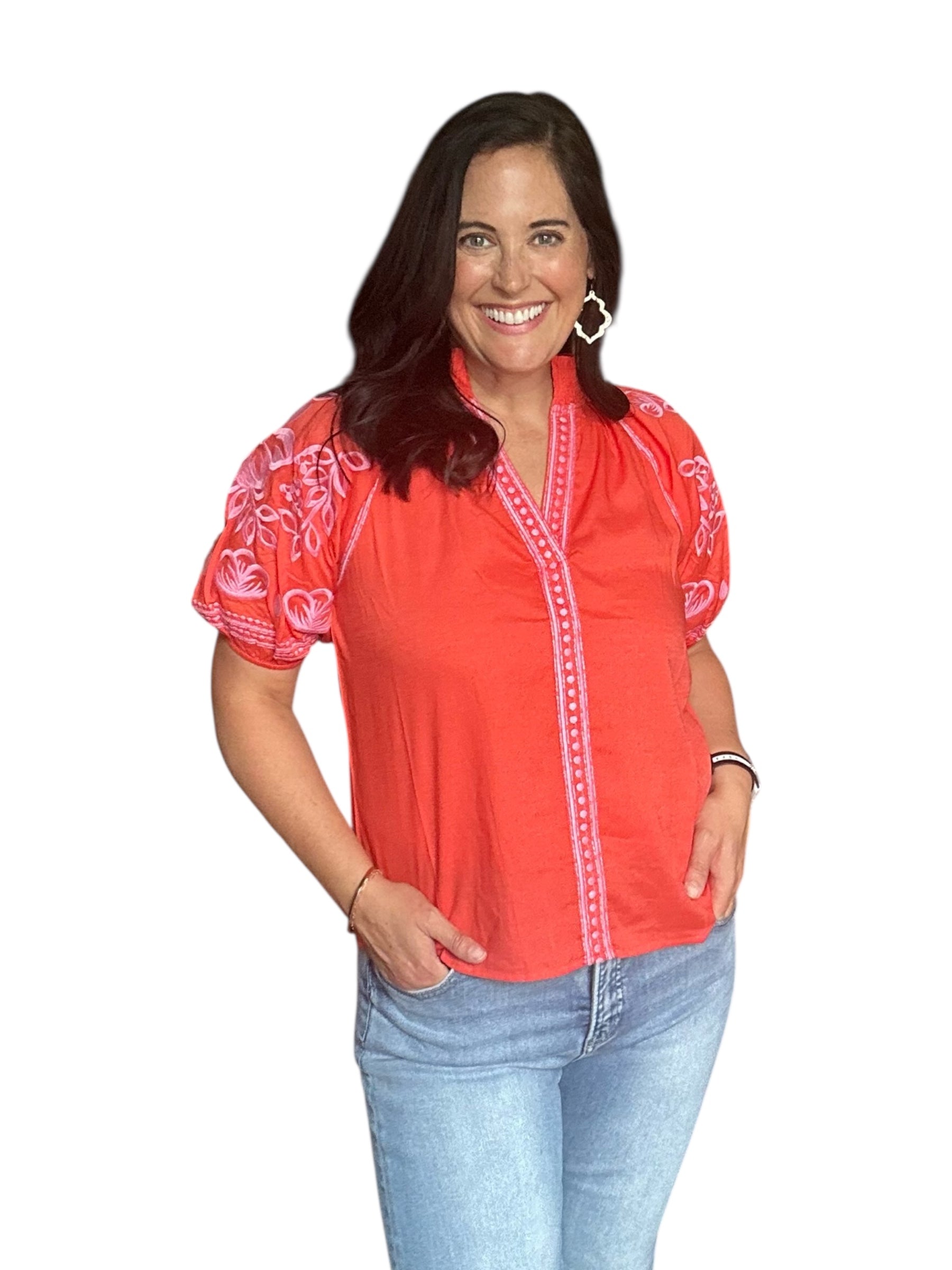 Embroidered THML Puff Sleeve V-Neck Top - The Girl on Ivy