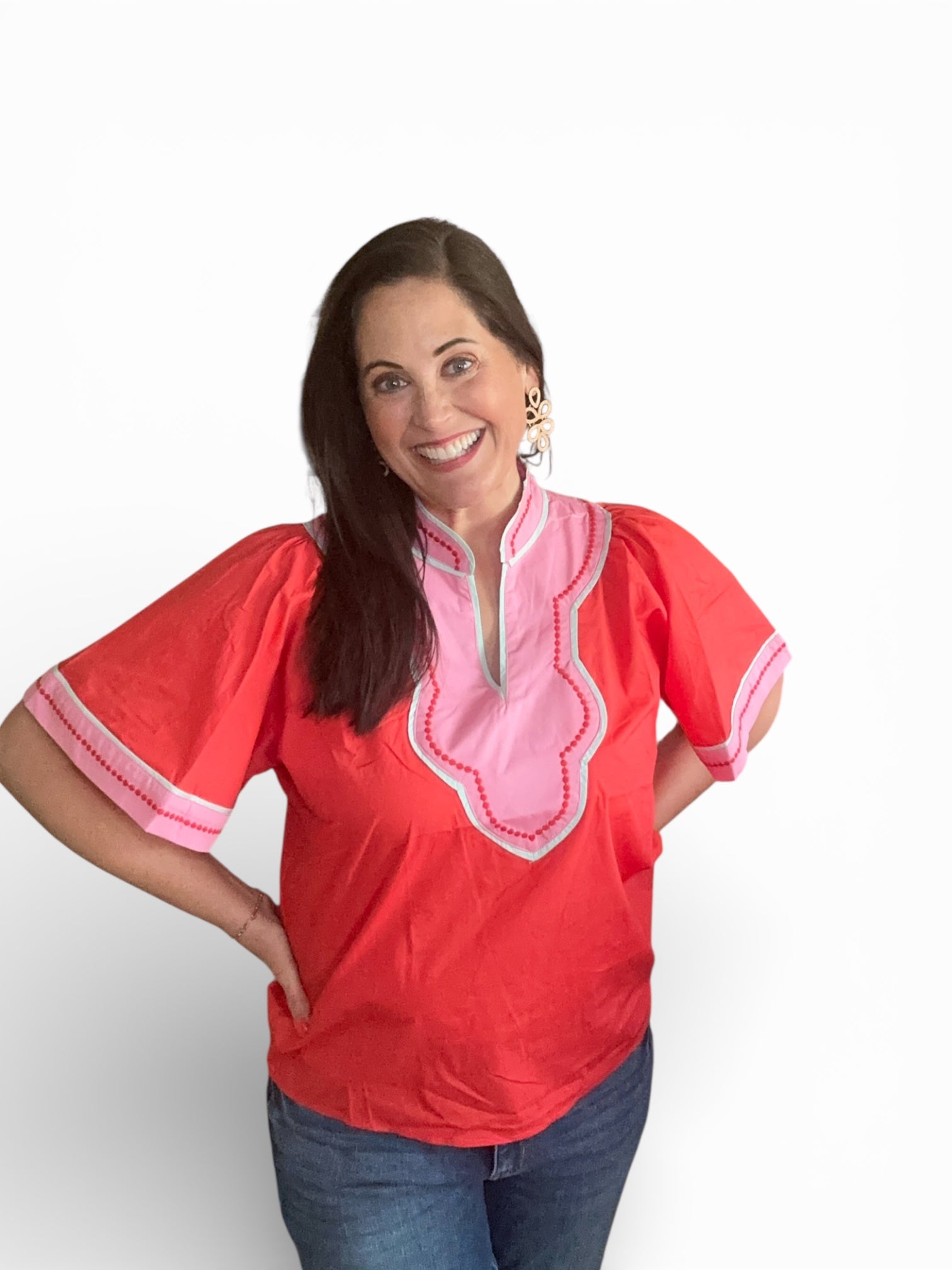 Contrast Trim Wide Sleeve V-Neck Top - The Girl on Ivy