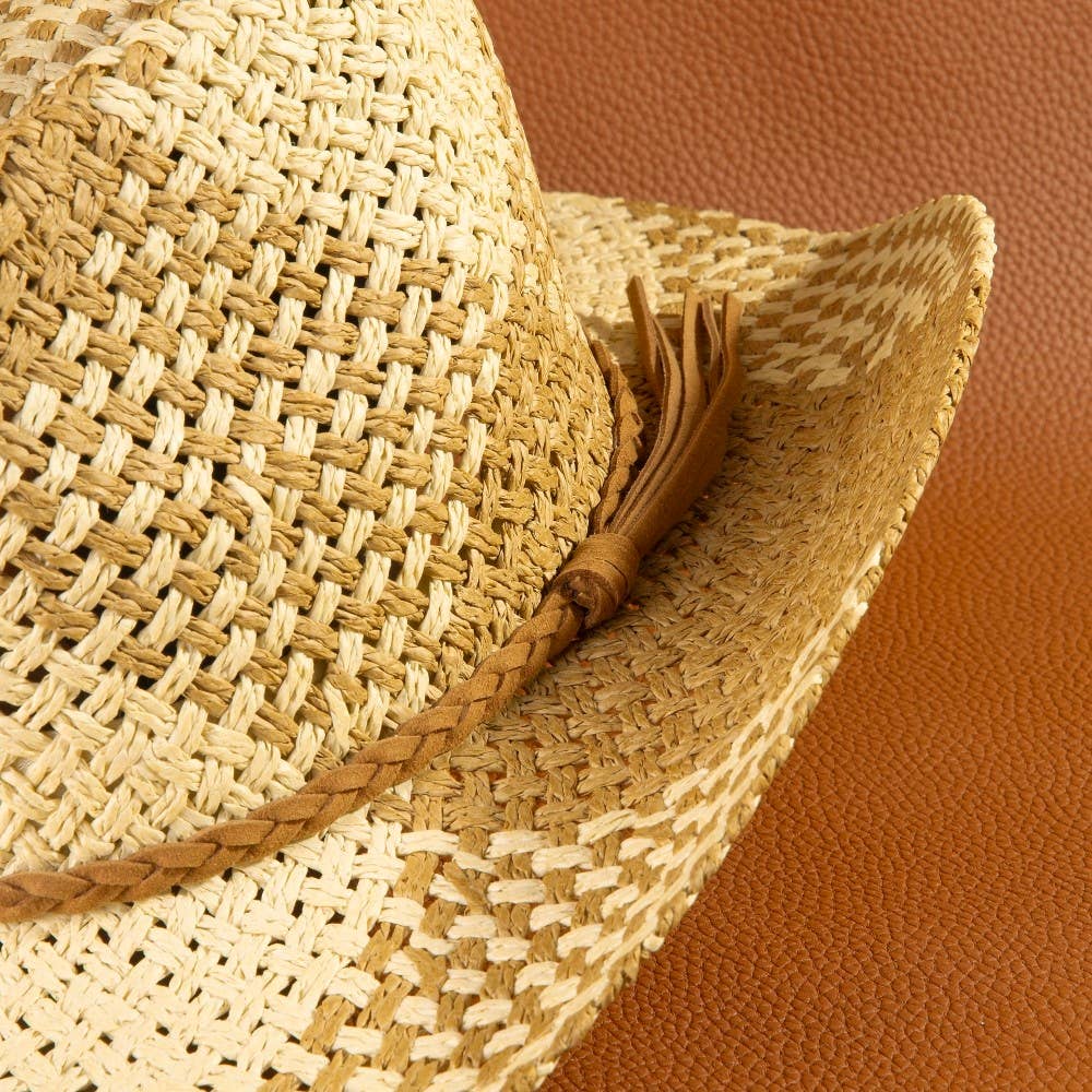Two Tone Straw Braided Patches Cowboy Hat - The Girl on Ivy