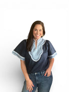 Navy Wide Sleeve Contrast light blue Trim V-Neck Top 