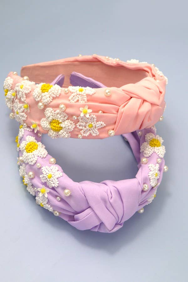 SEED BEAD DAISY FLOWER KNOTTED HEADBAND | 91HB5296 - The Girl on Ivy
