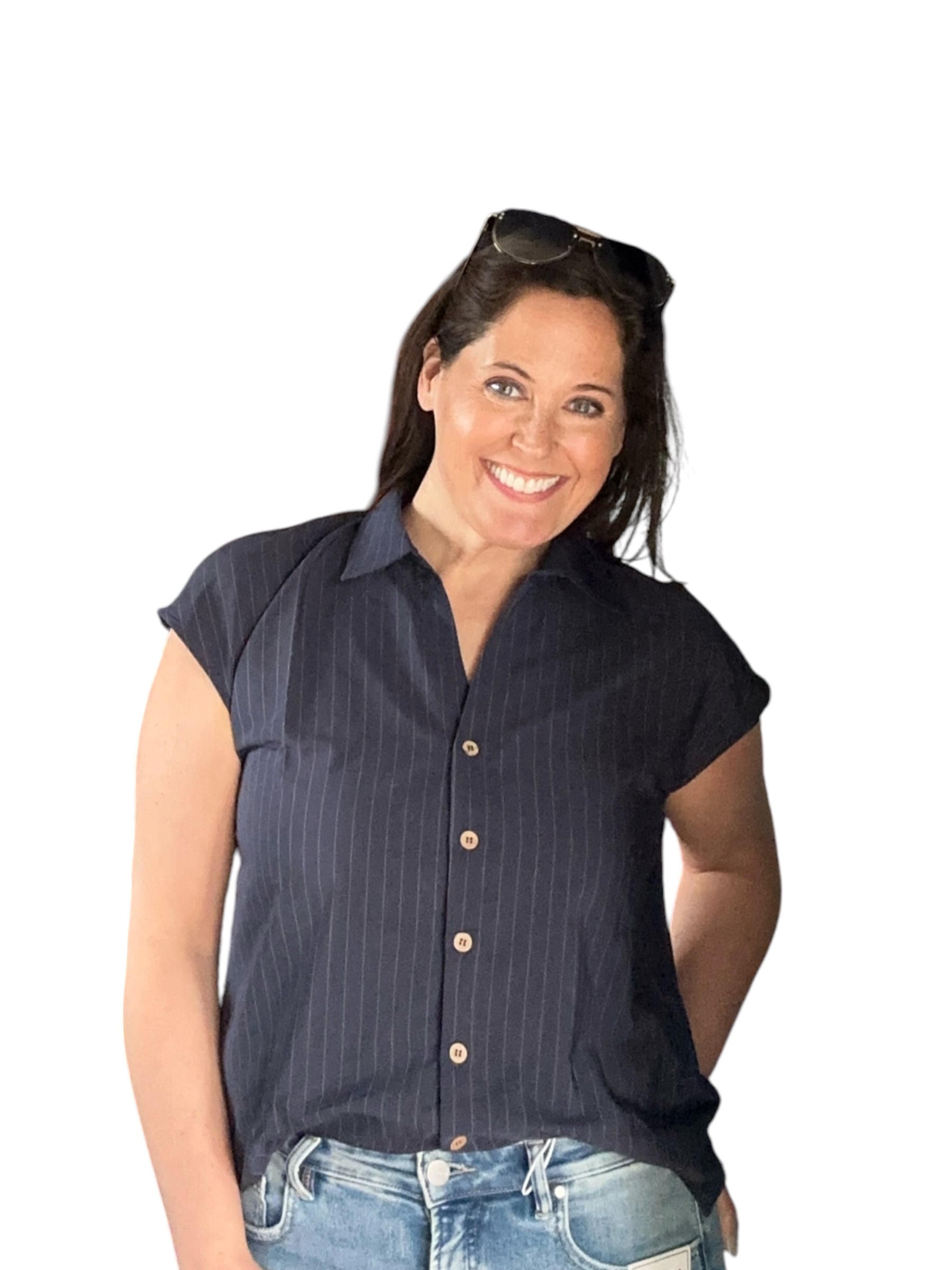 Pixie Pinstripe Button Down Drop Shoulder Collared Shirt - The Girl on Ivy