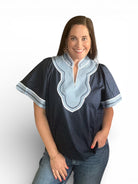 Wide Sleeve Contrast Trim V-Neck Top - The Girl on Ivy
