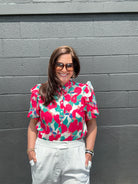 pink blue teal and ivory short sleeve button down blouse