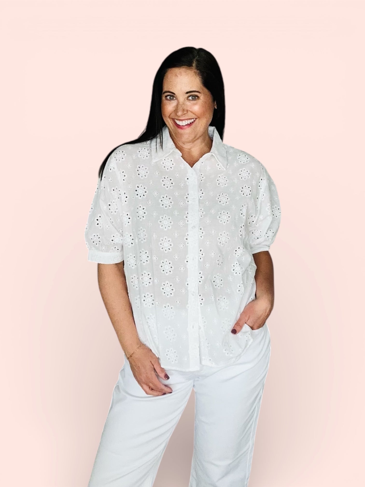 white eyelet button down collared short sleeve blouse 