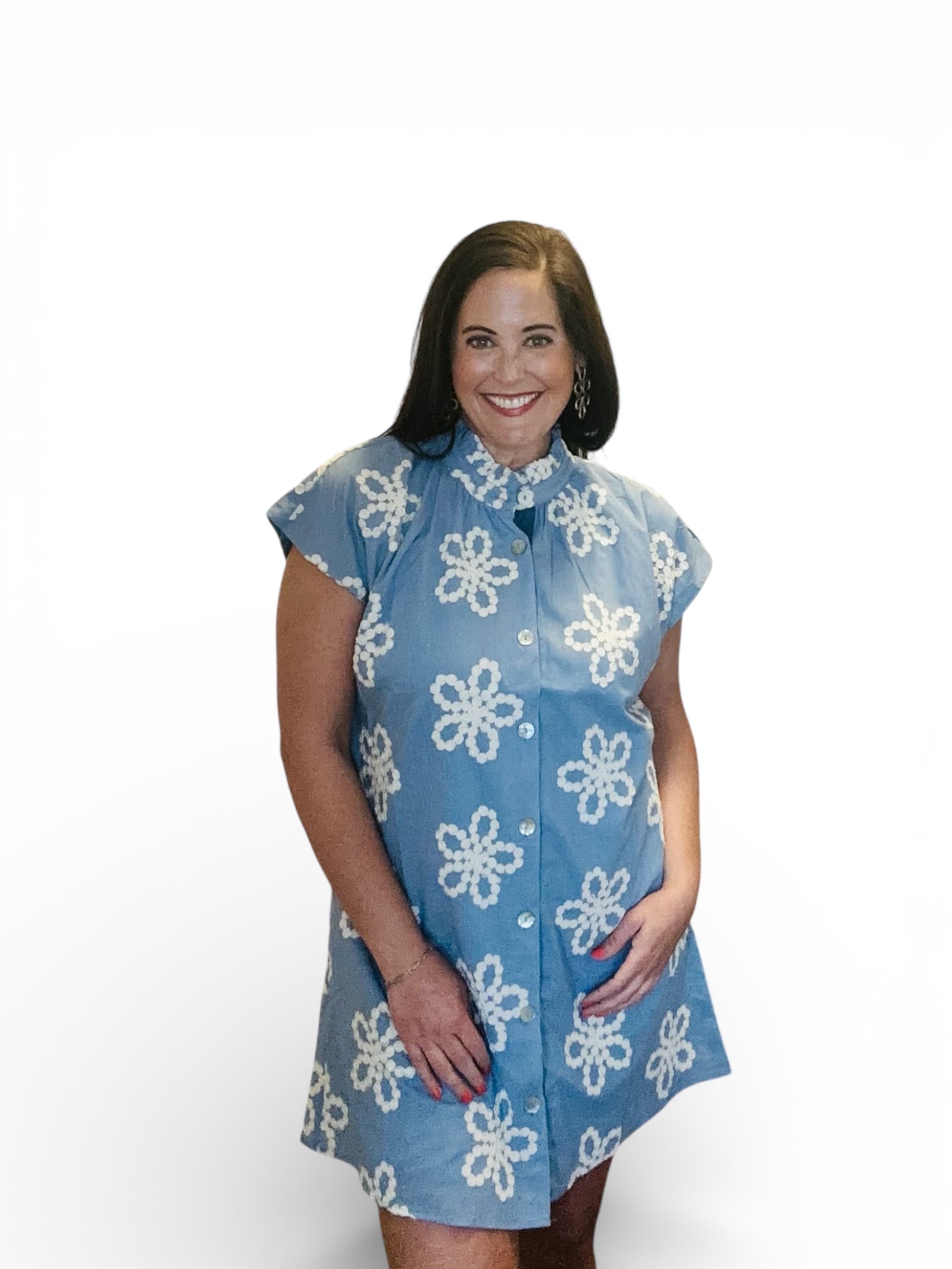 blue button front dress with white embroidered flowers 