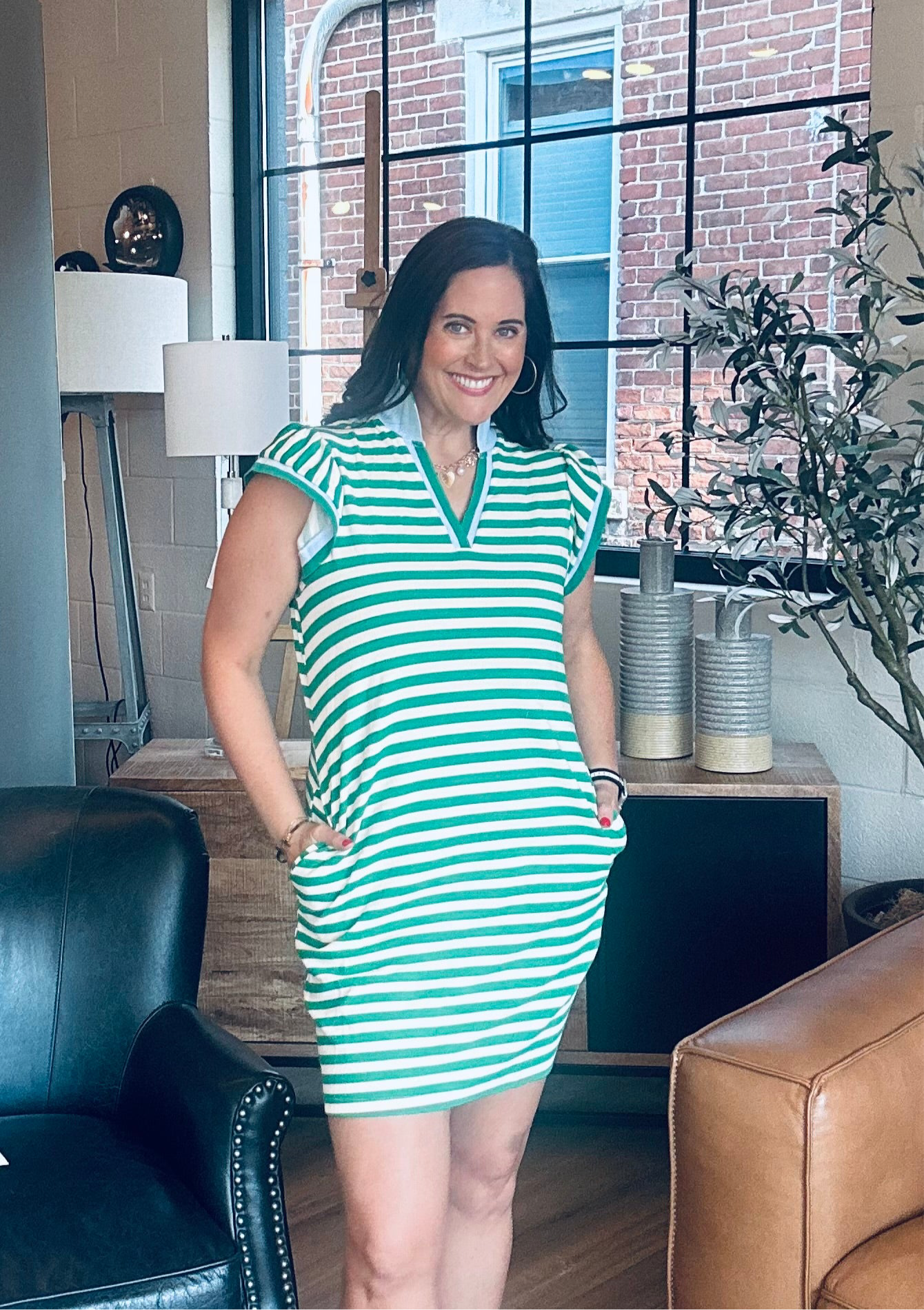 Contrast Striped Ruffle Short Sleeve V-Neck Fit Dress - The Girl on Ivy