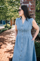Allison Washed Denim Midi Dress with Cinched Waist - The Girl on Ivy
