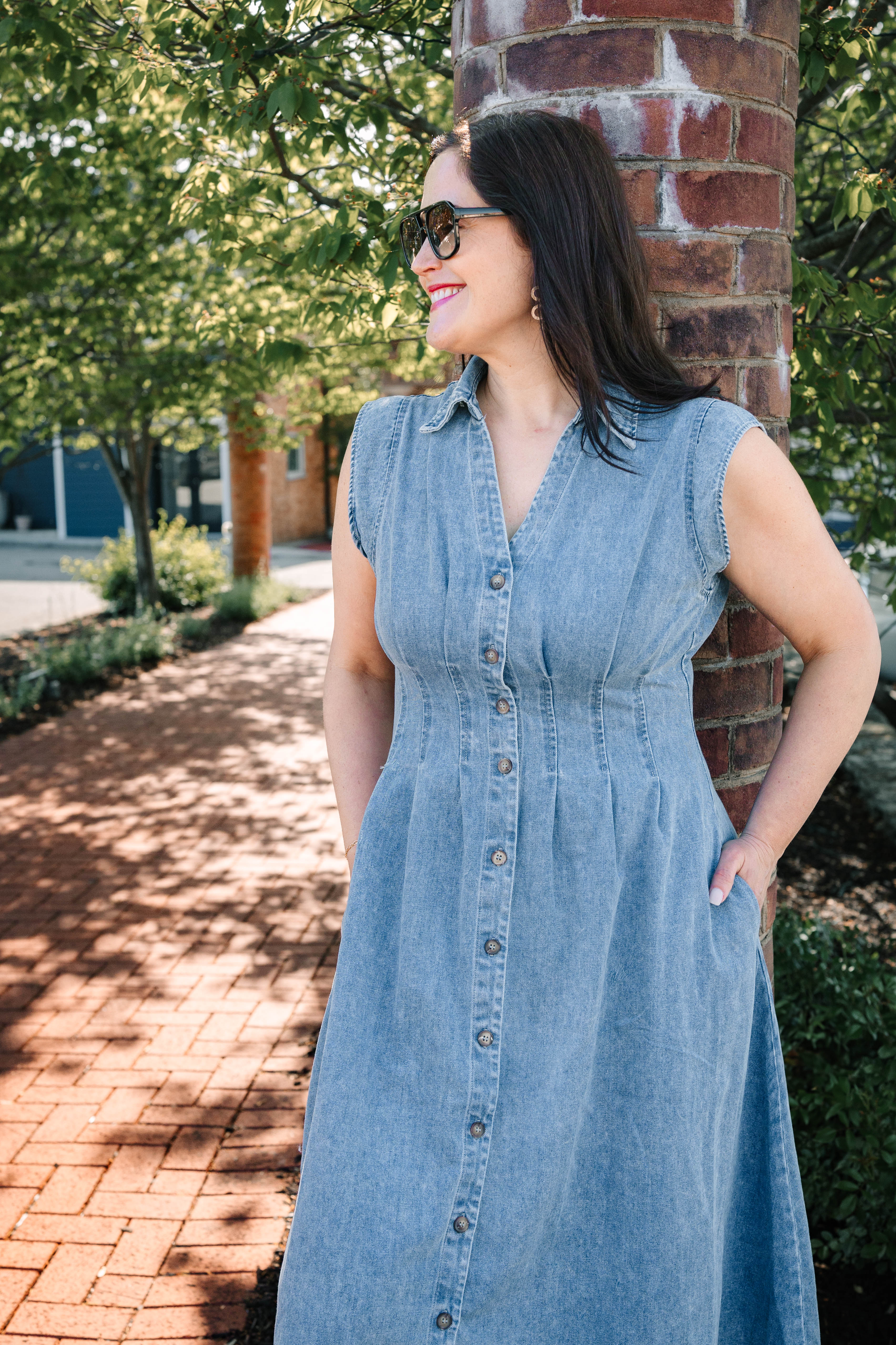 Allison Washed Denim Midi Dress with Cinched Waist - The Girl on Ivy