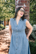 Allison Washed Denim Midi Dress with Cinched Waist - The Girl on Ivy