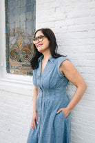 Allison Washed Denim Midi Dress with Cinched Waist - The Girl on Ivy