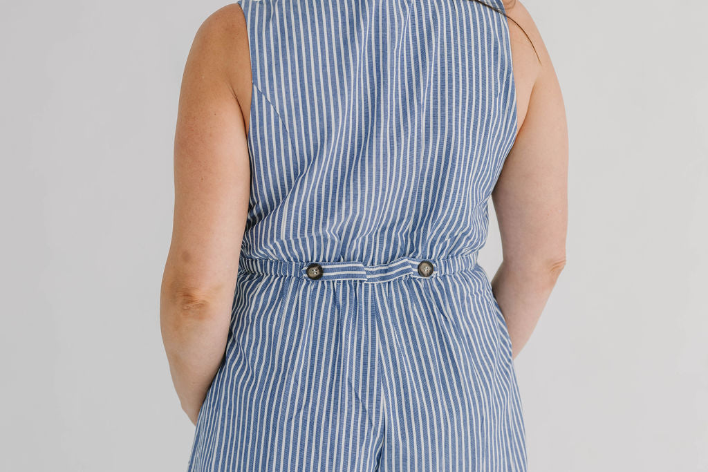 Sandy Striped City Wrap Button Romper - The Girl on Ivy
