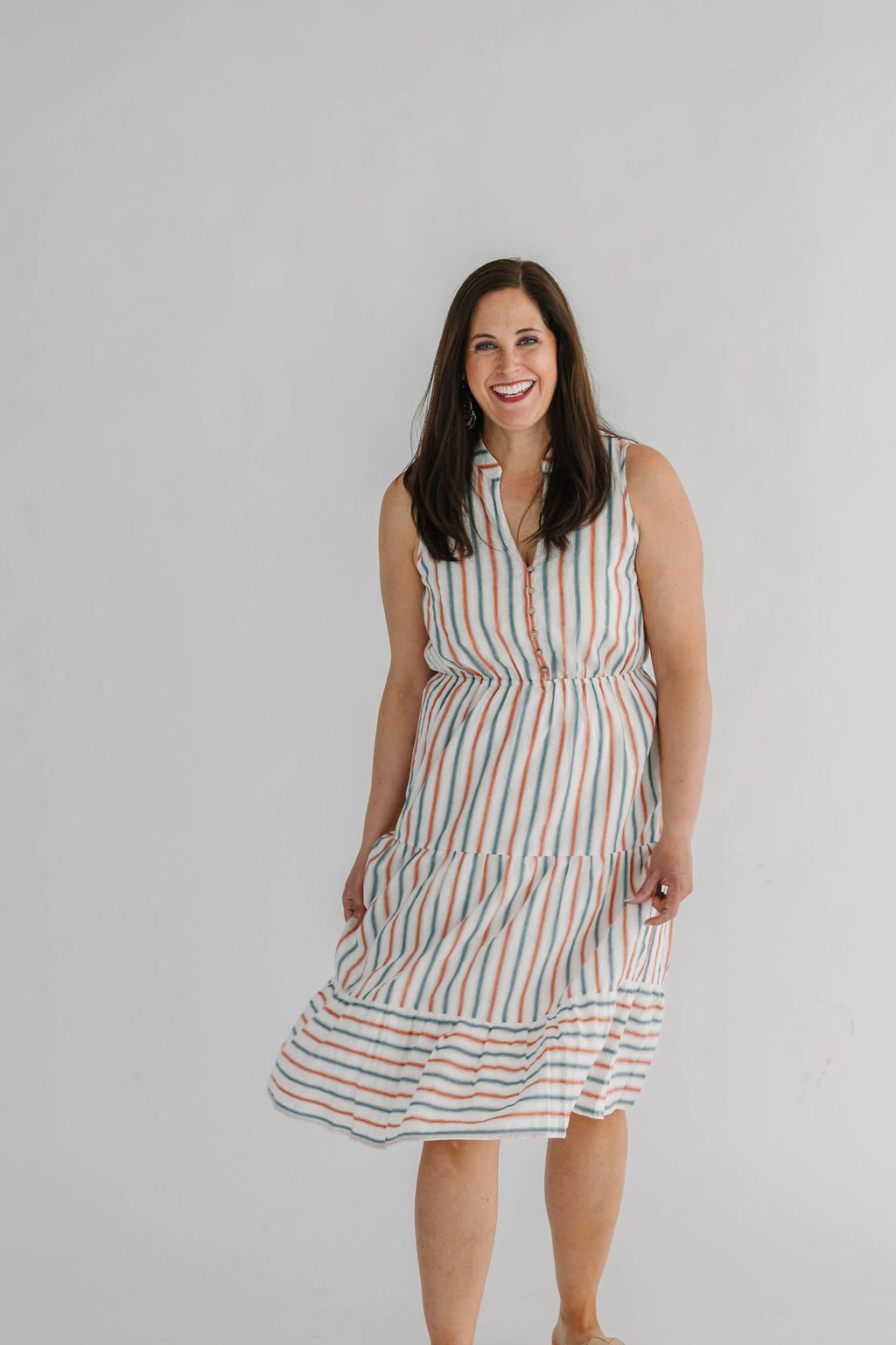 Striped Button Front 100%Cotton Tired Midi Dress - The Girl on Ivy