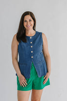 stretch denim vest with metal functional buttons