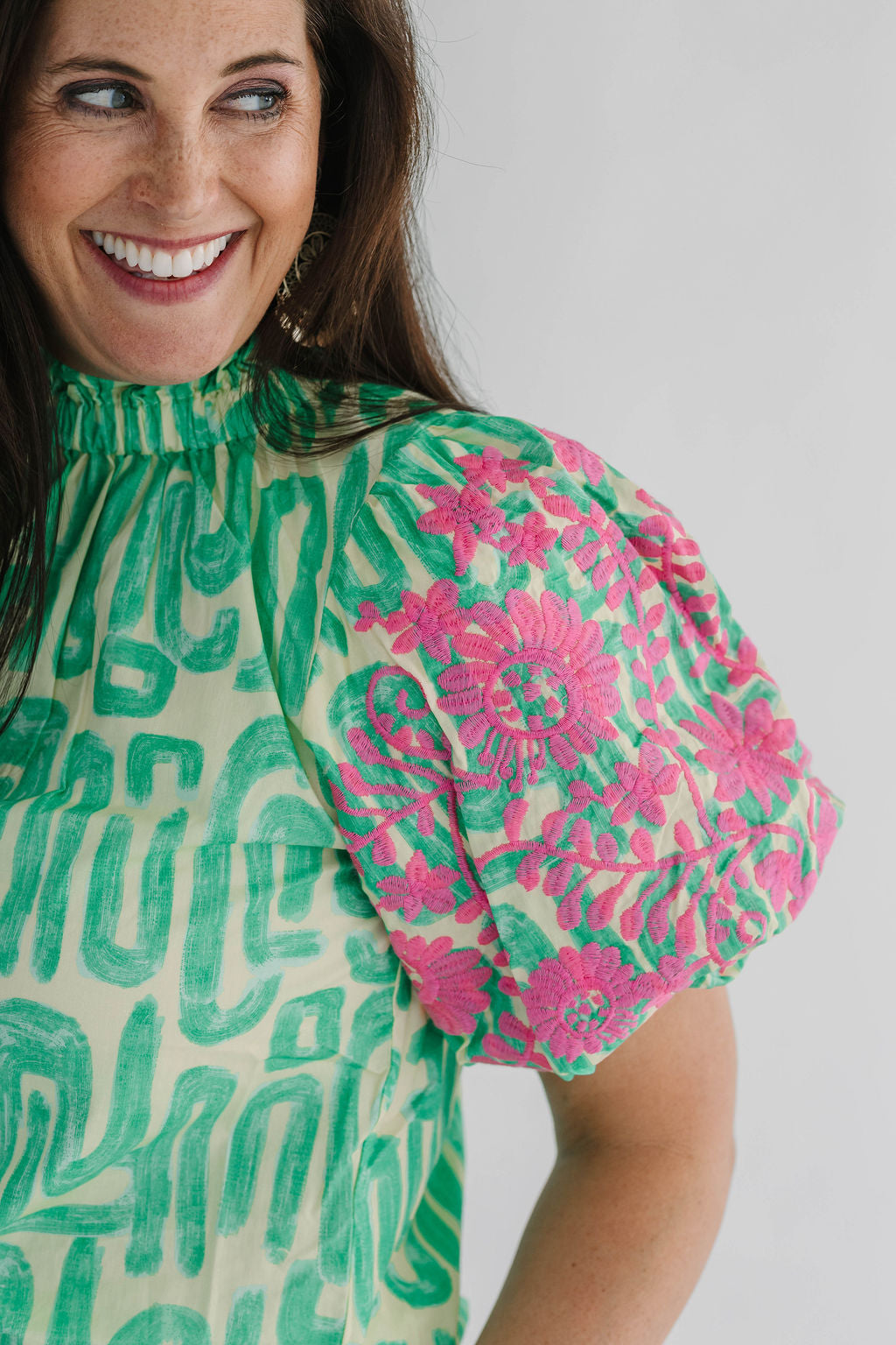 Embroidery Detail Puff Sleeve Abstract Pattern Top green and pink button back detail