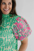 Embroidery Detail Puff Sleeve Abstract Pattern Top green and pink button back detail