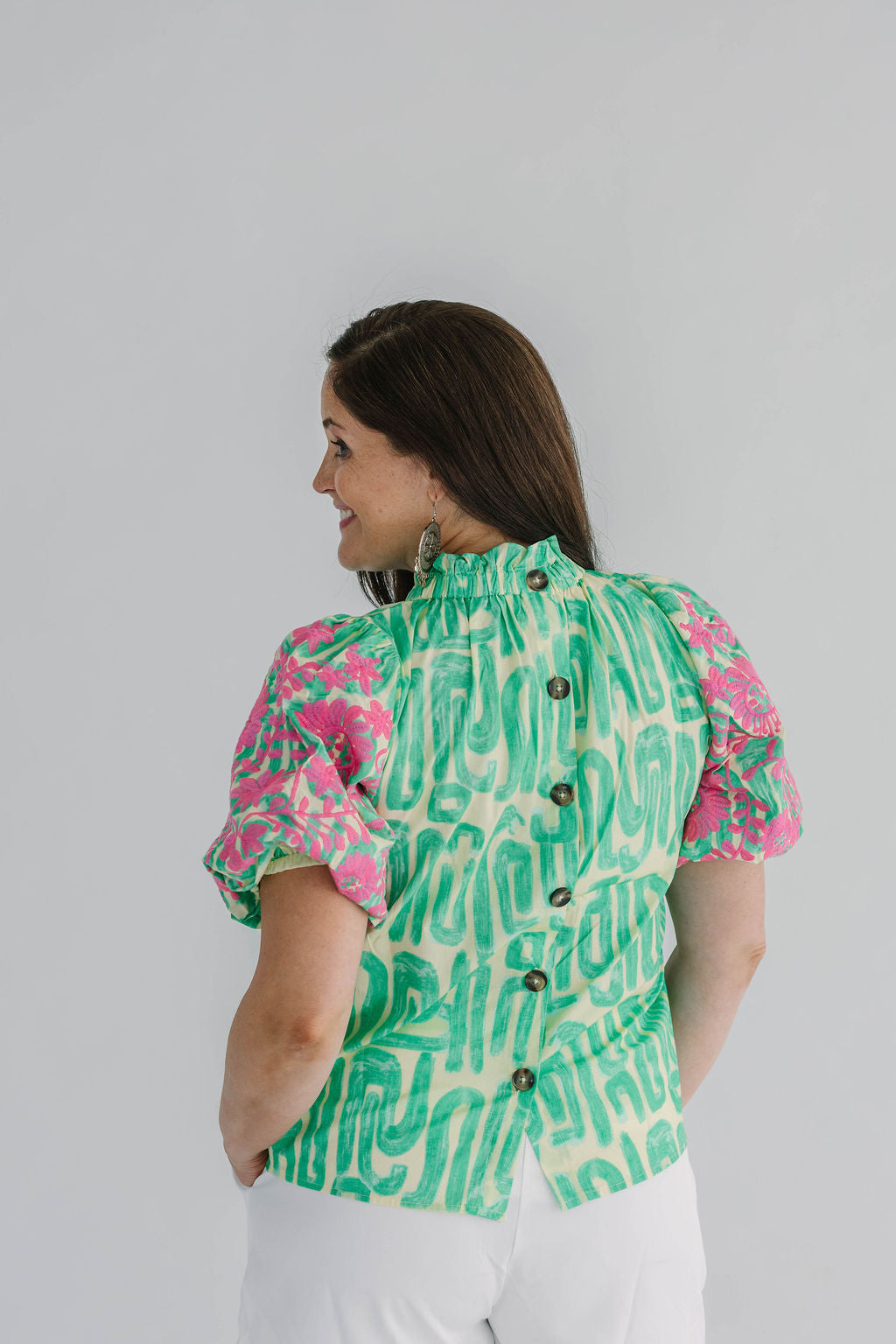 Evelyn Embroidery Detail Puff Sleeve Abstract Pattern Top - The Girl on Ivy