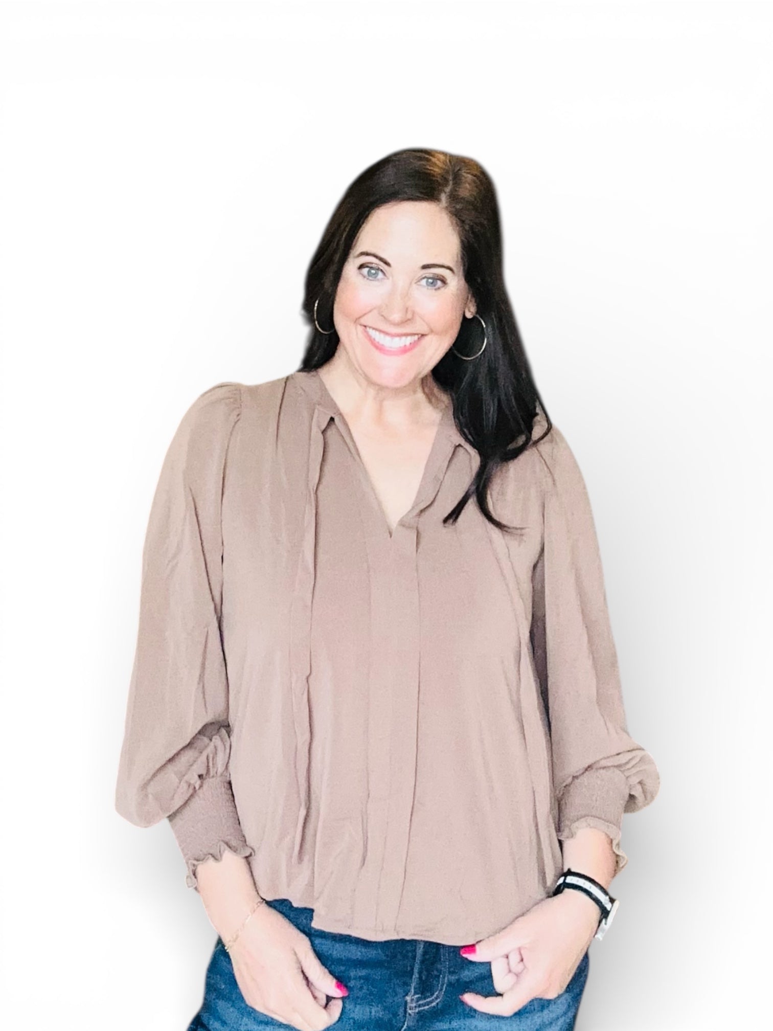 AINSLEY NECKTIE LONG SLEEVE WITH SMOCKED CUFF TOP - The Girl on Ivy