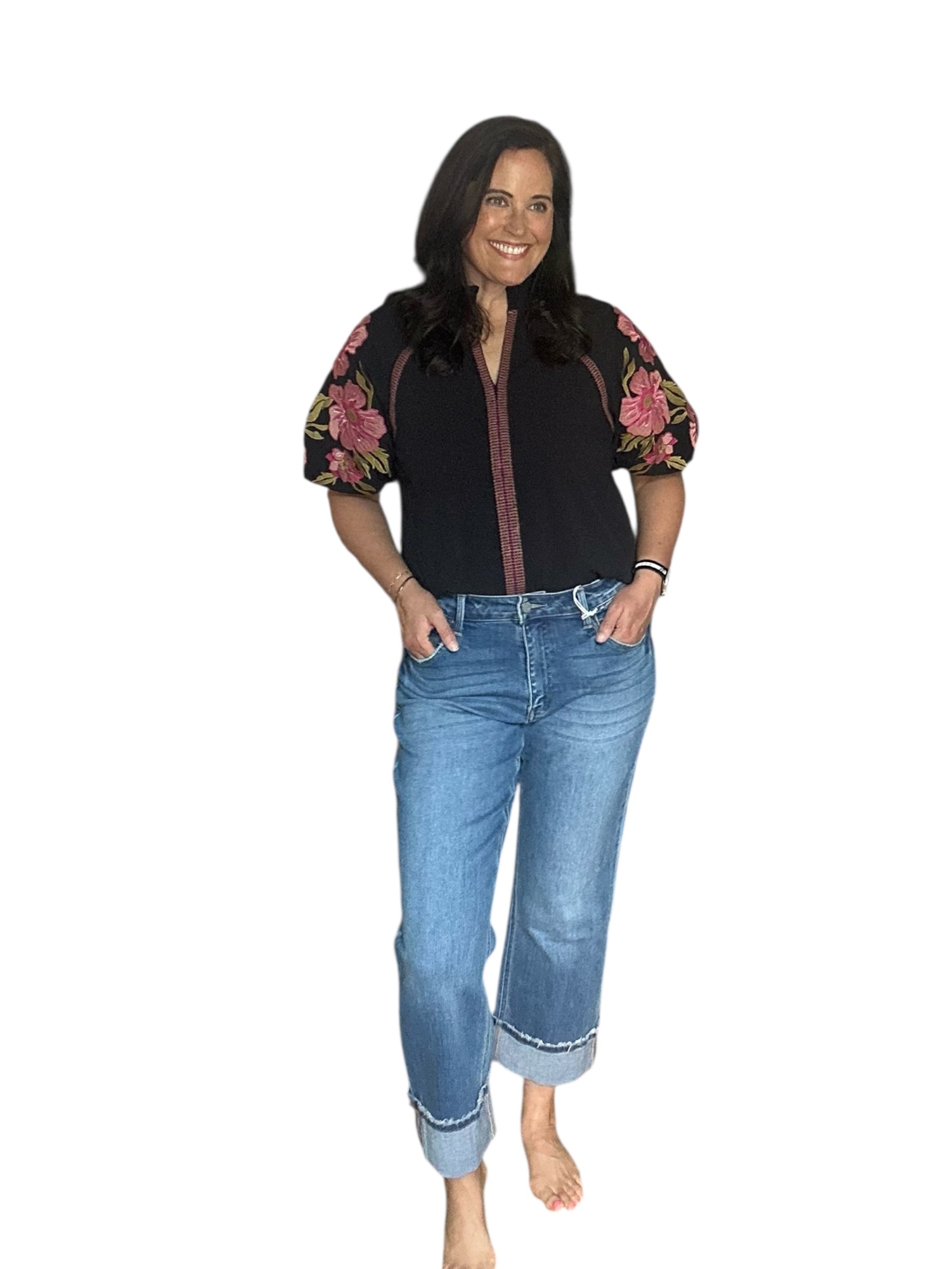 Navy THML Embroidered Puff Sleeve V-Neck Top - The Girl on Ivy
