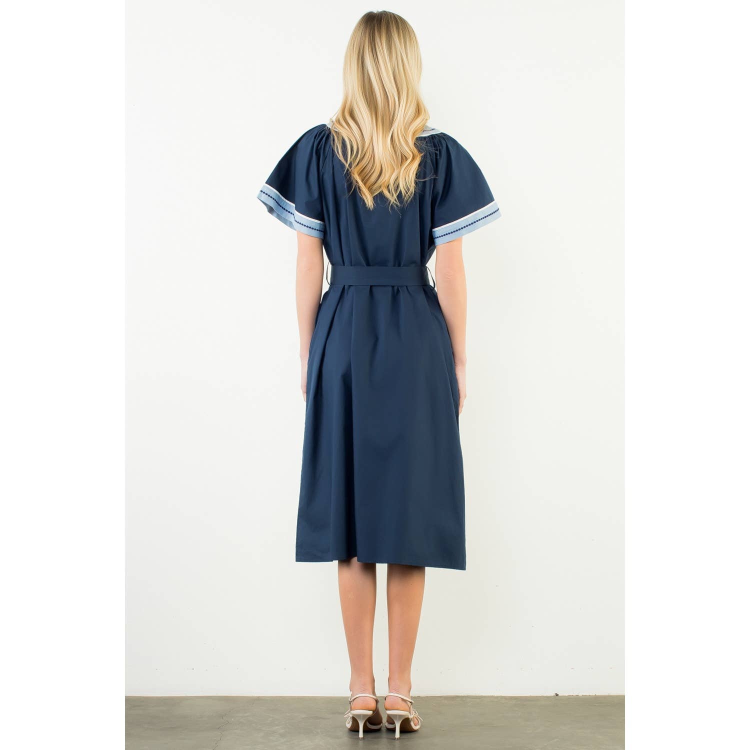 Short Sleeve Trimmed V-Neck Belted Dress - The Girl on Ivy