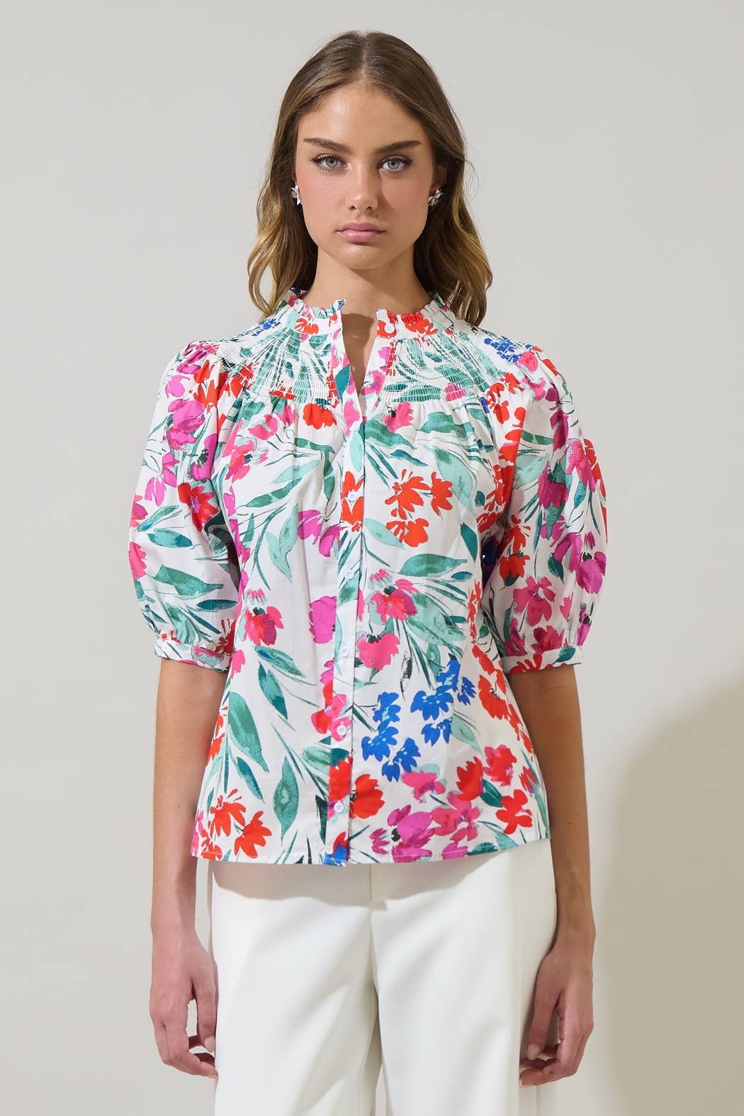 Kivia Blossom Smocked Mock Neck Top - The Girl on Ivy