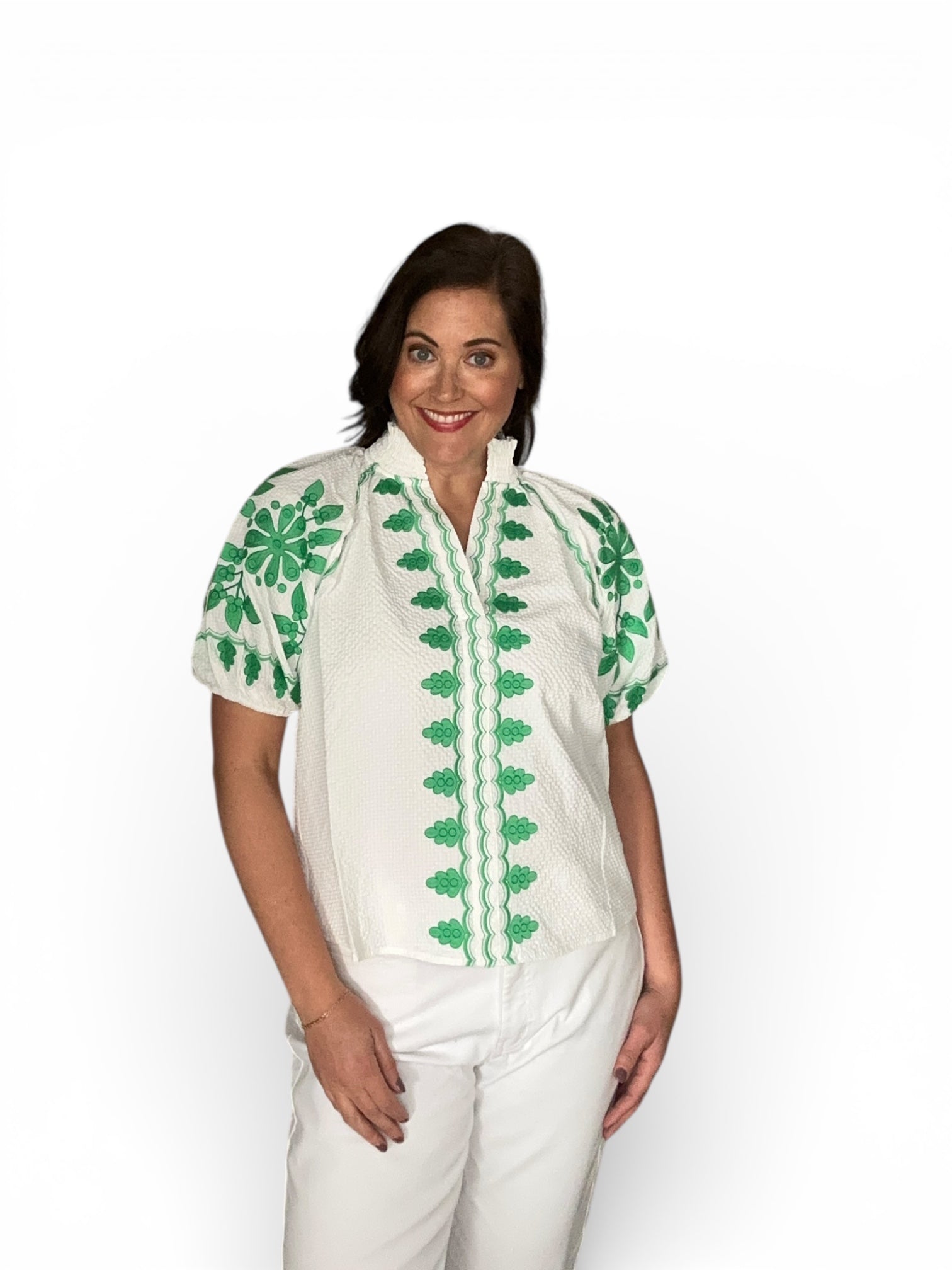 Eliana THML Embroidered Smocked Neck Puff Top - The Girl on Ivy