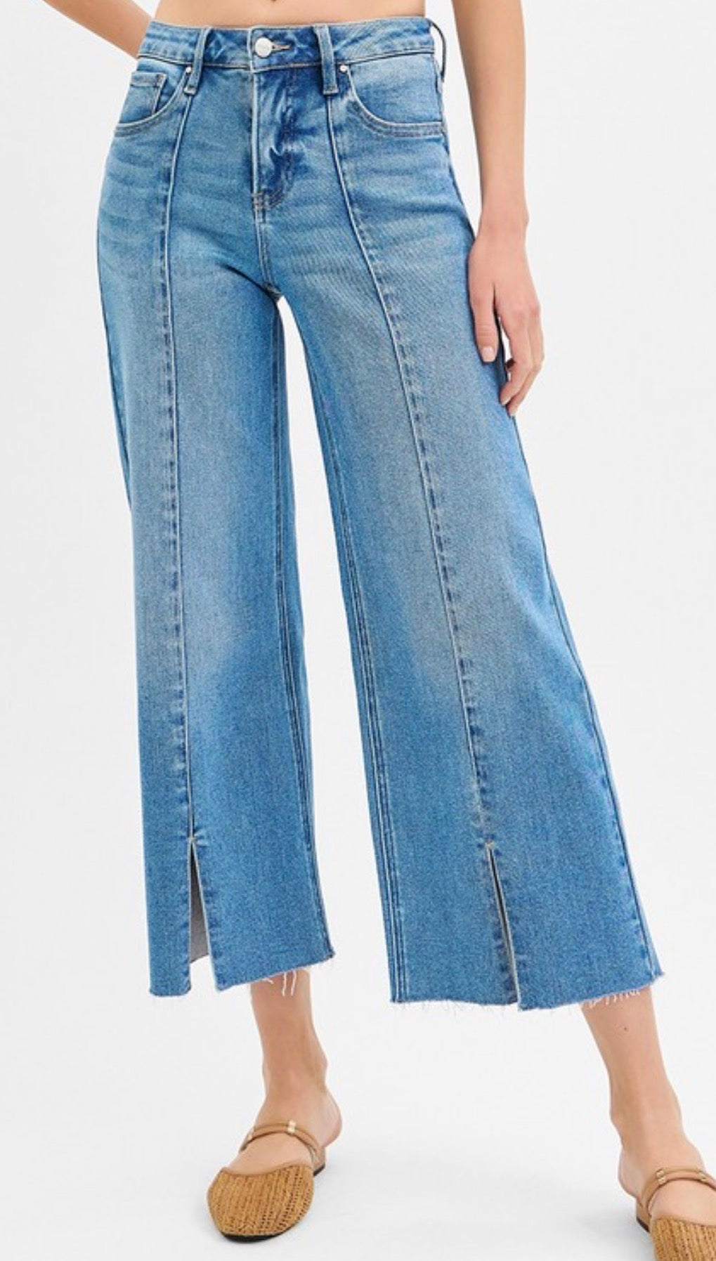 Risen Tummy Control Mid Rise Crop Wide Front Slit Jeans - The Girl on Ivy