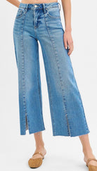 Risen Tummy Control Mid Rise Crop Wide Front Slit Jeans - The Girl on Ivy