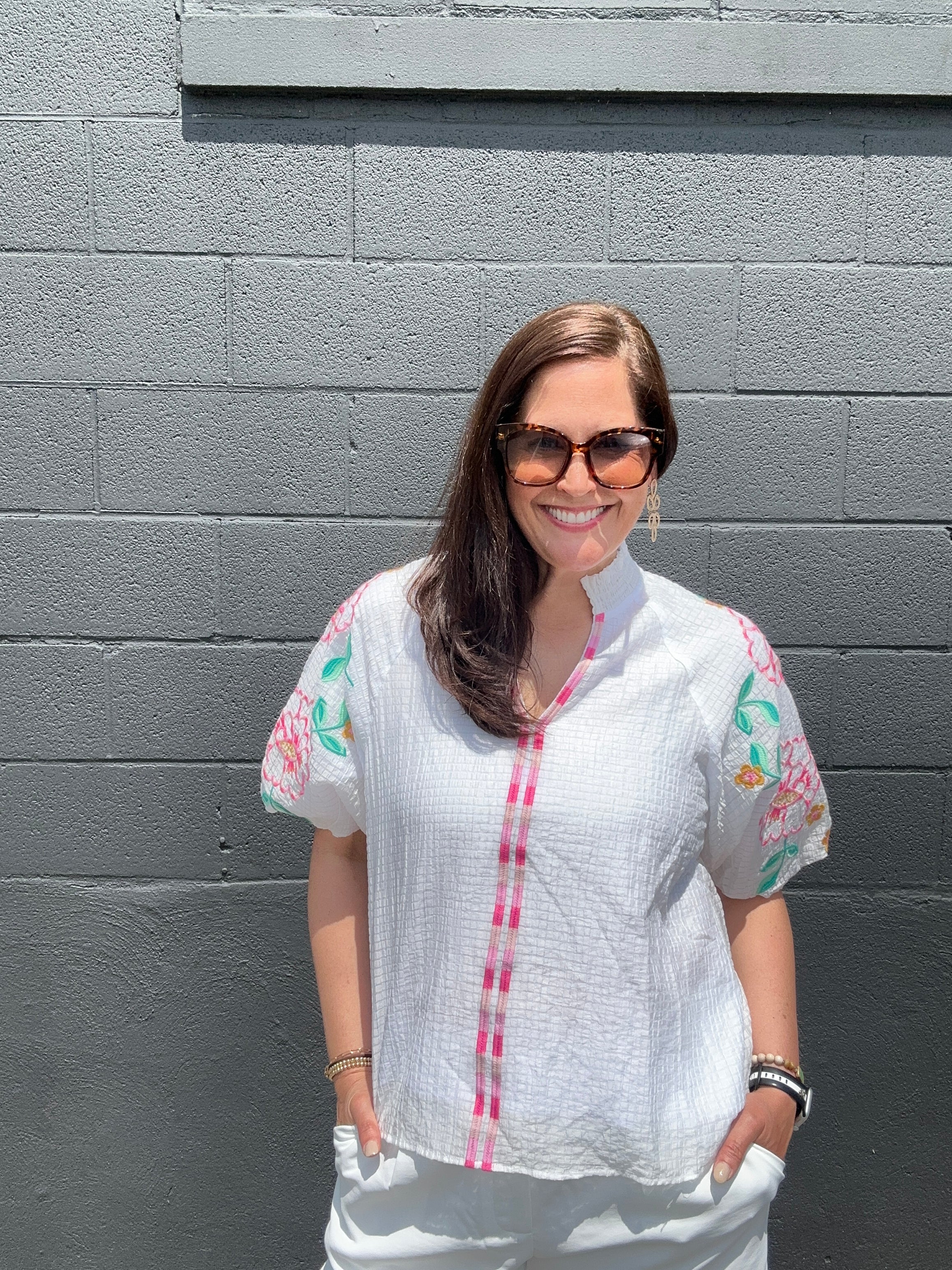 Ella Embroidered Puff Sleeve V-Neck Top - The Girl on Ivy