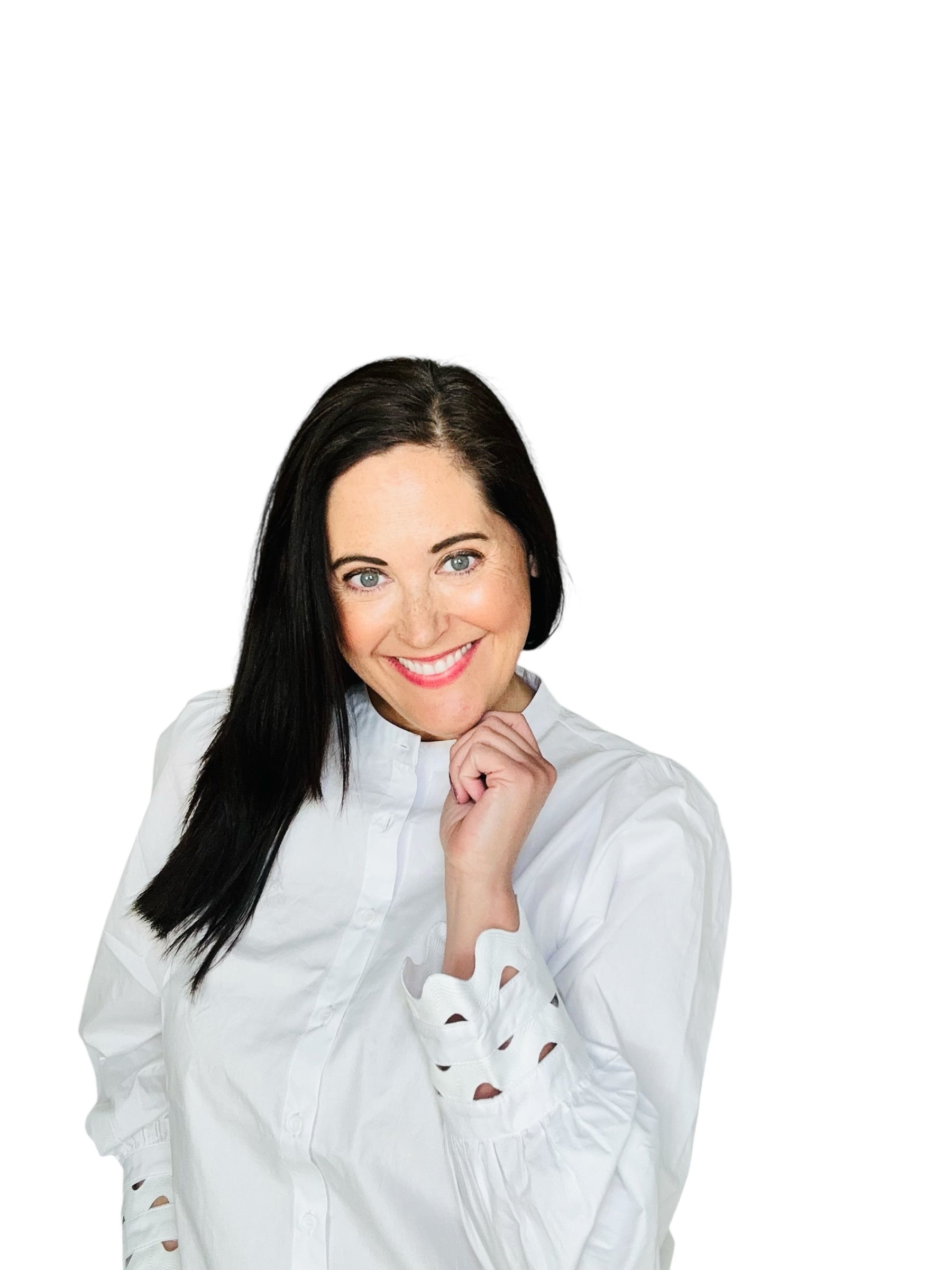 white button down blouse with cut-out detail at wrist. Also available in kelly green