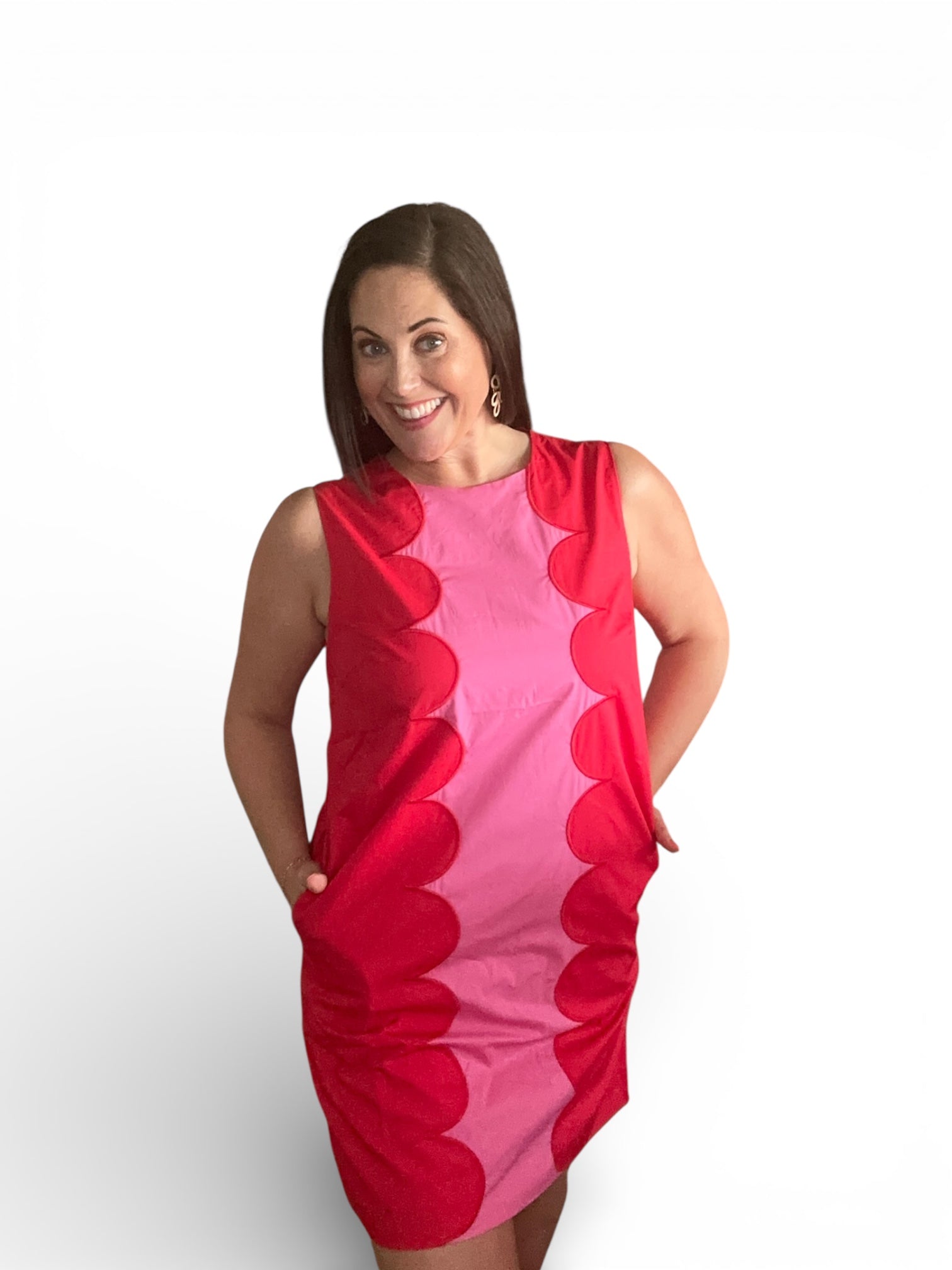 pink and red scallop shift mini dress with pockets 